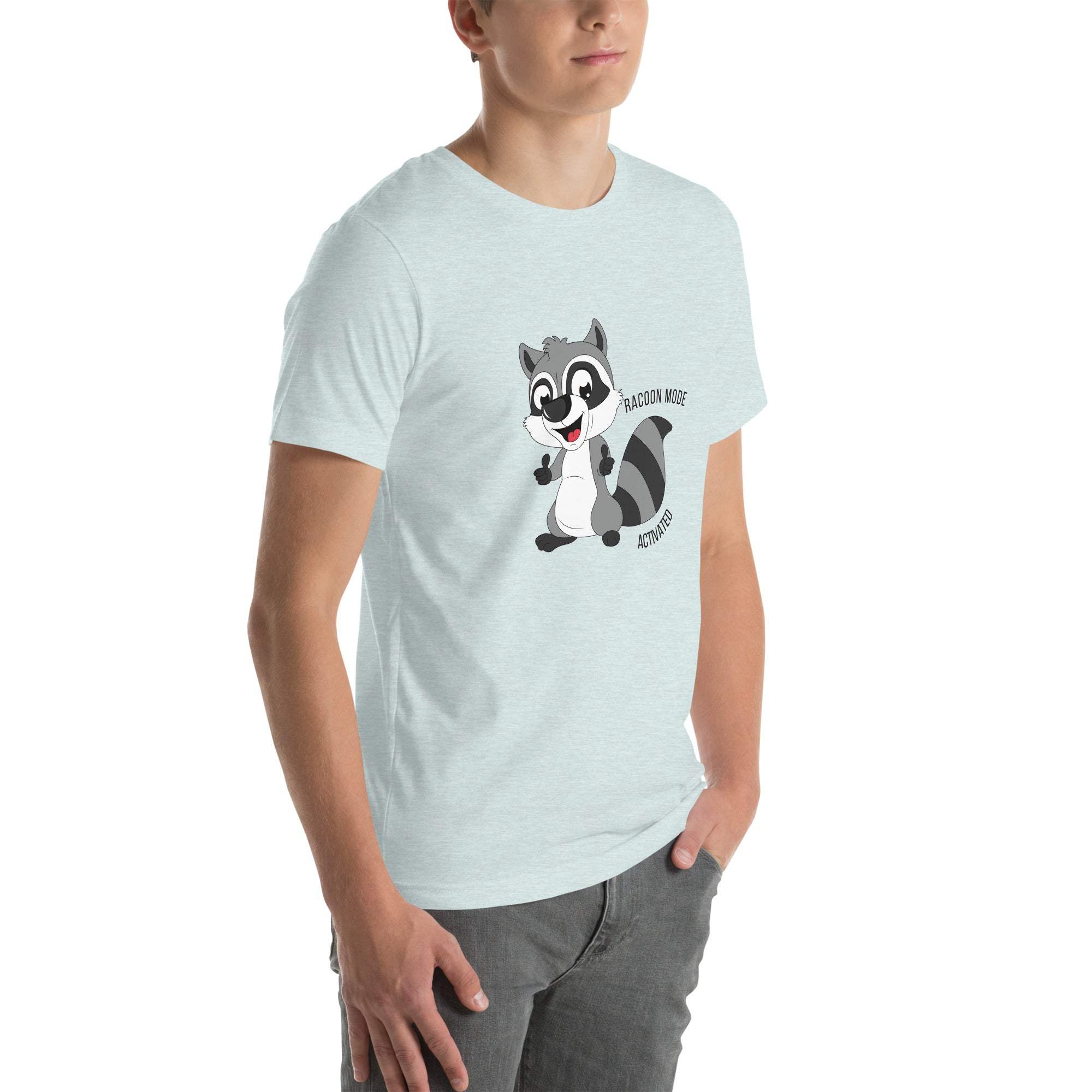 Man wearing light blue Raccoon Mode T-Shirt with cartoon raccoon and "Raccoon Mode Activated" text