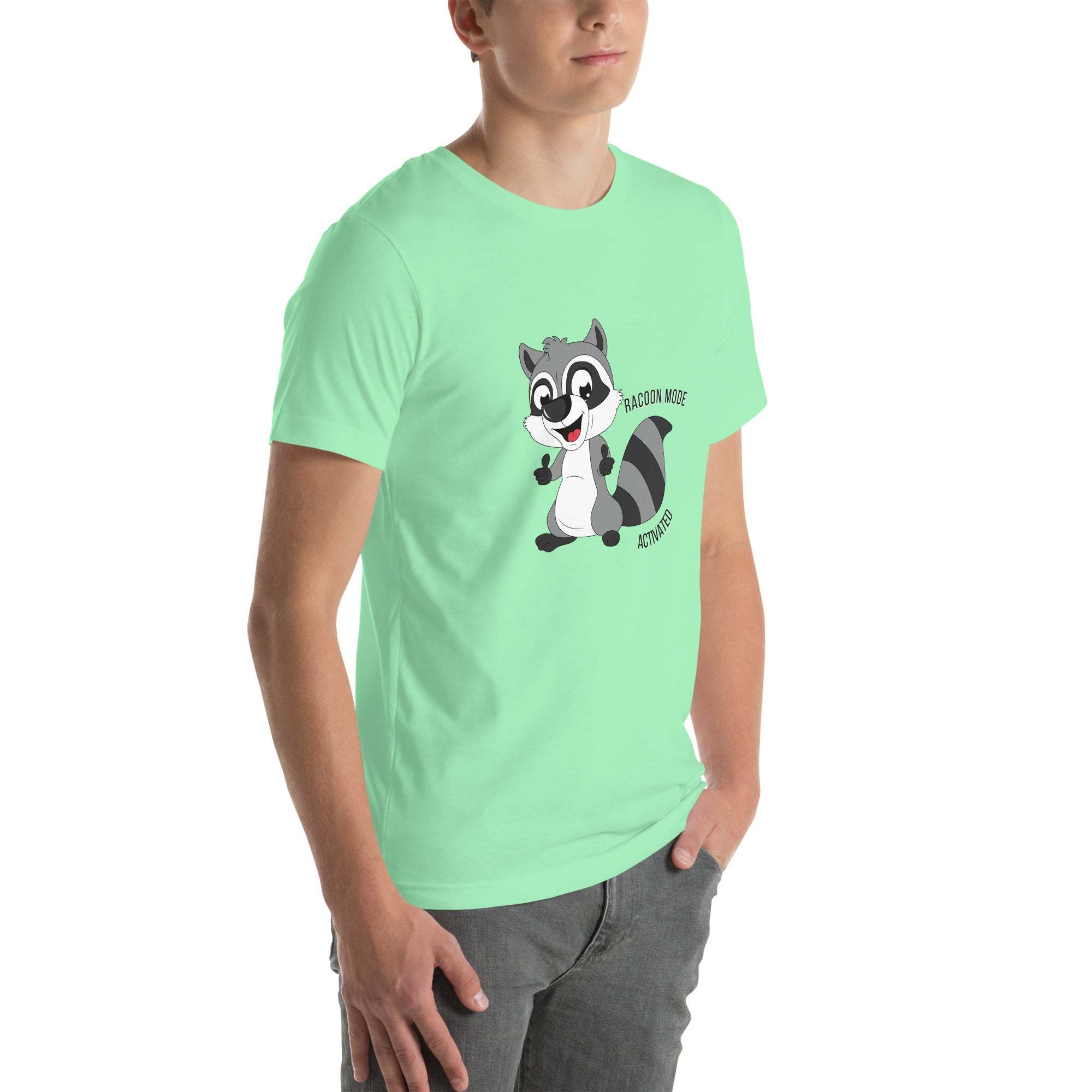Mint green Raccoon Mode T-Shirt with cartoon raccoon print worn by male model