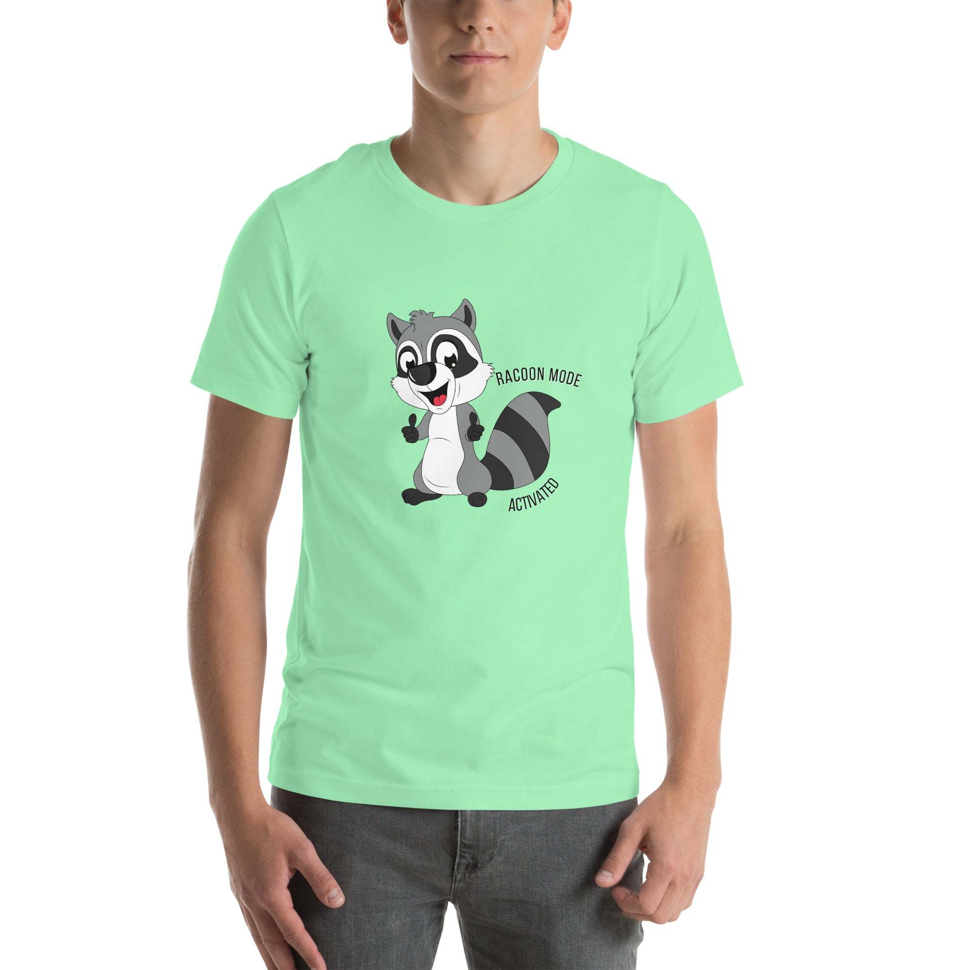 Mint green Raccoon Mode T-Shirt with cartoon raccoon and text "Raccoon Mode Activated" on front, worn by male model