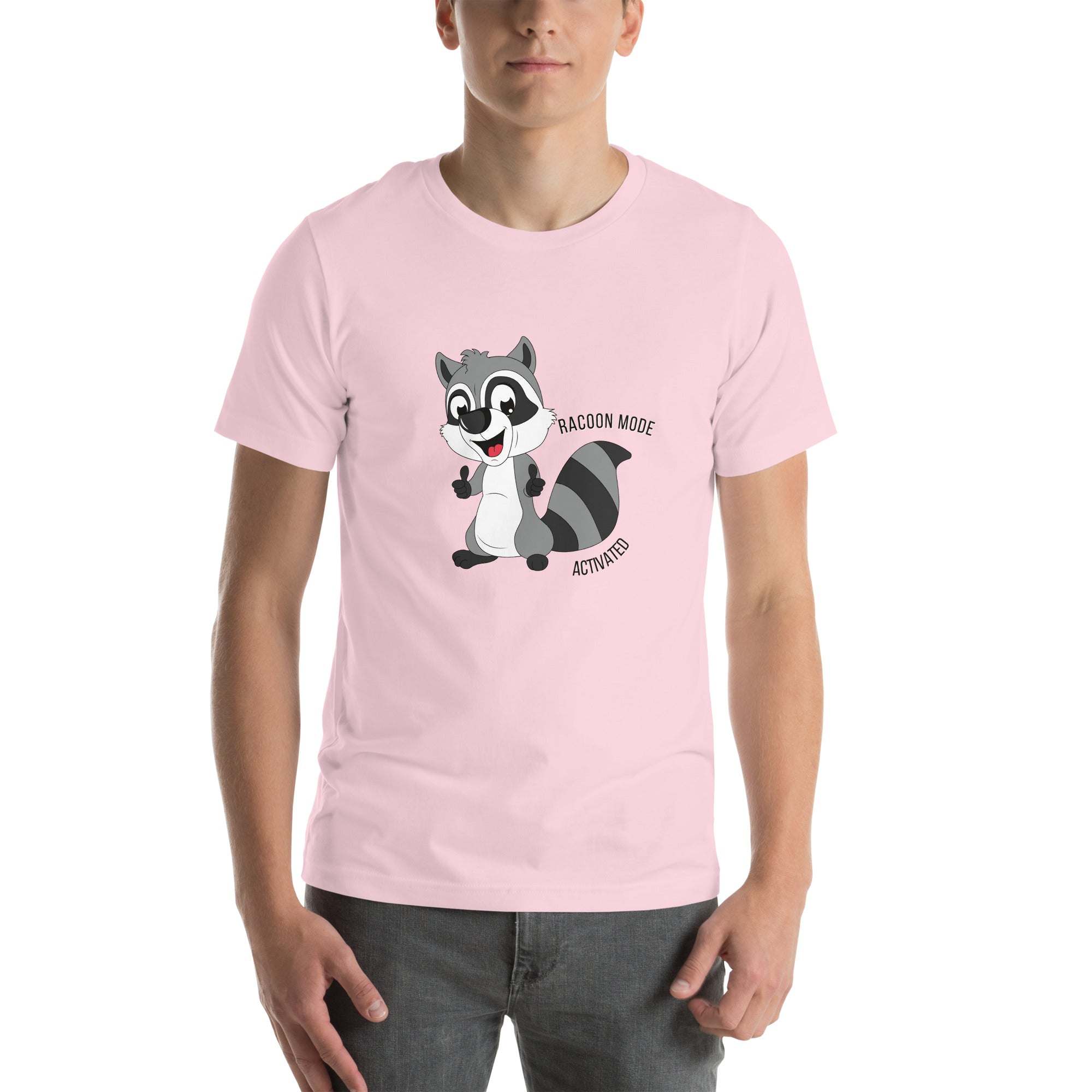 Man wearing pink Raccoon Mode T-Shirt with cartoon raccoon and text "Raccoon Mode Activated"