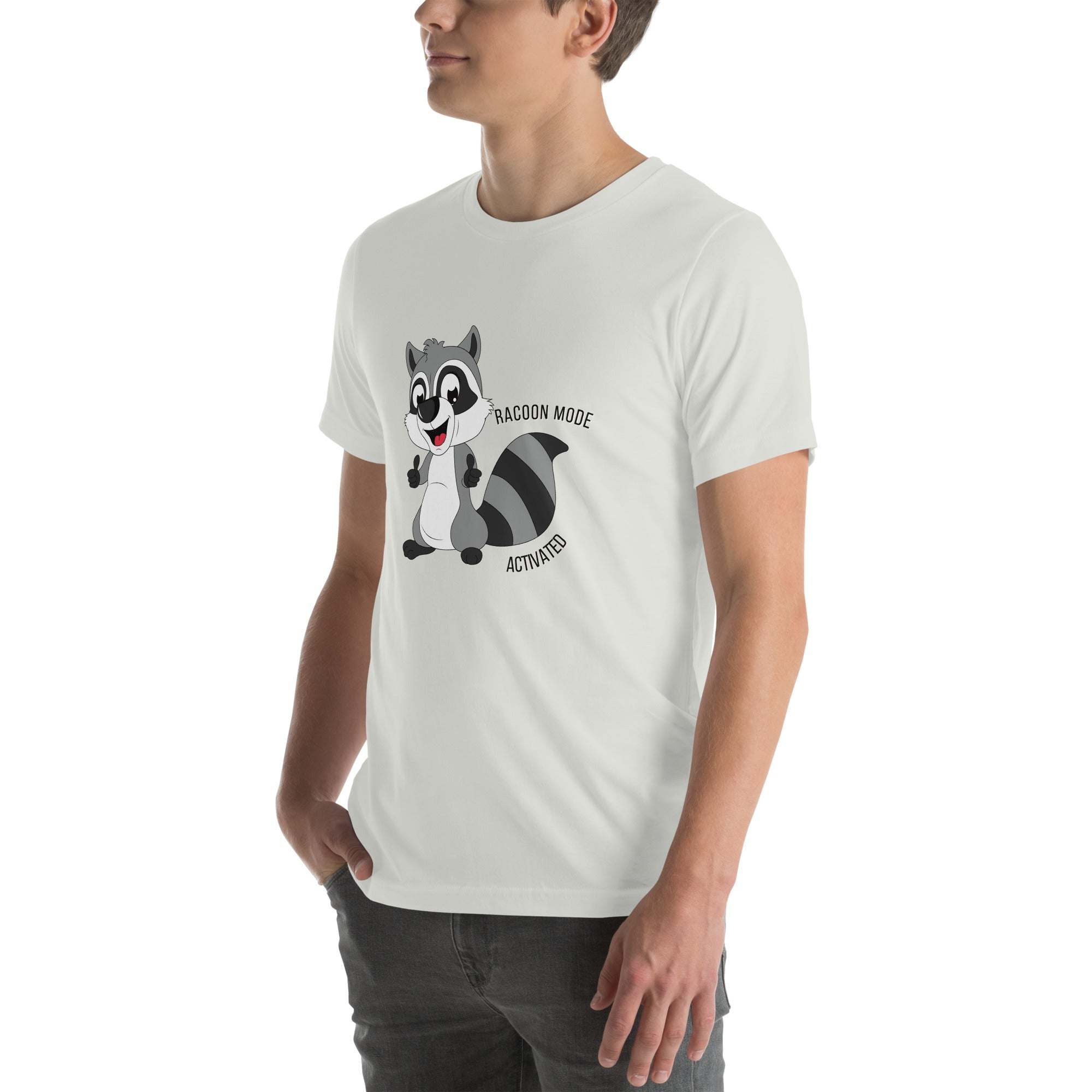 Man wearing white Raccoon Mode T-Shirt with cartoon raccoon and text "Raccoon Mode Activated"