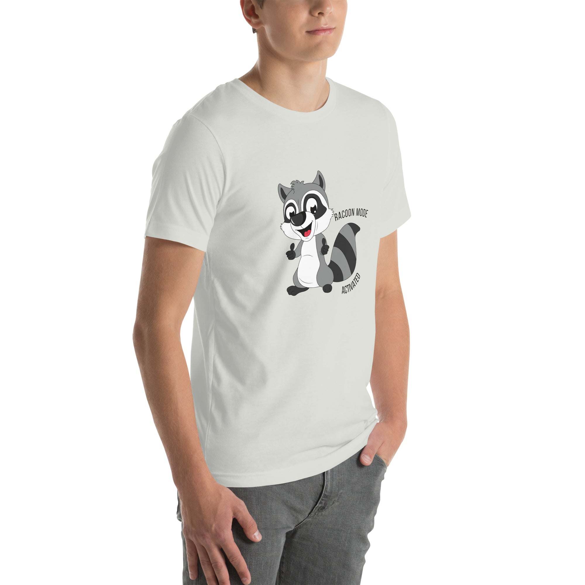 Man wearing white Raccoon Mode T-Shirt with cartoon raccoon and text design