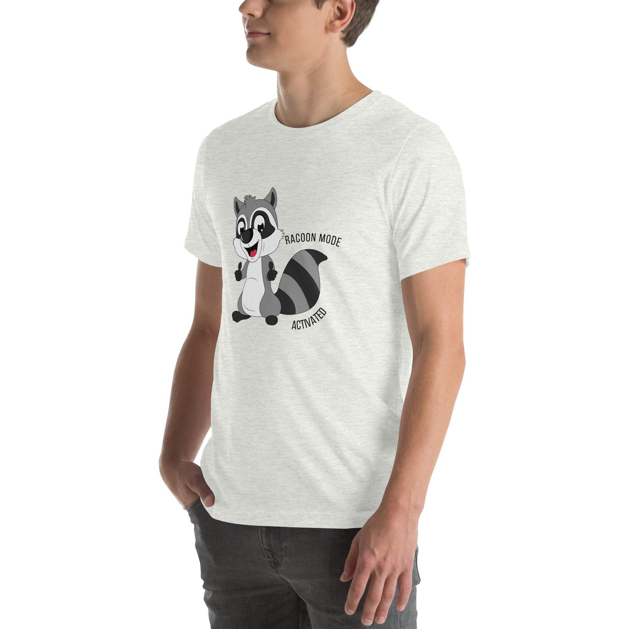 Man wearing white Raccoon Mode T-Shirt with cartoon raccoon and text "Raccoon Mode Activated" on front