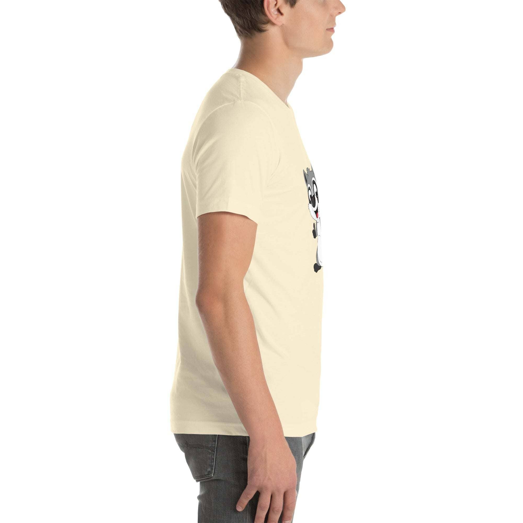Side view of man wearing cream Raccoon Mode T-Shirt with cartoon raccoon design and text, made of soft breathable cotton.