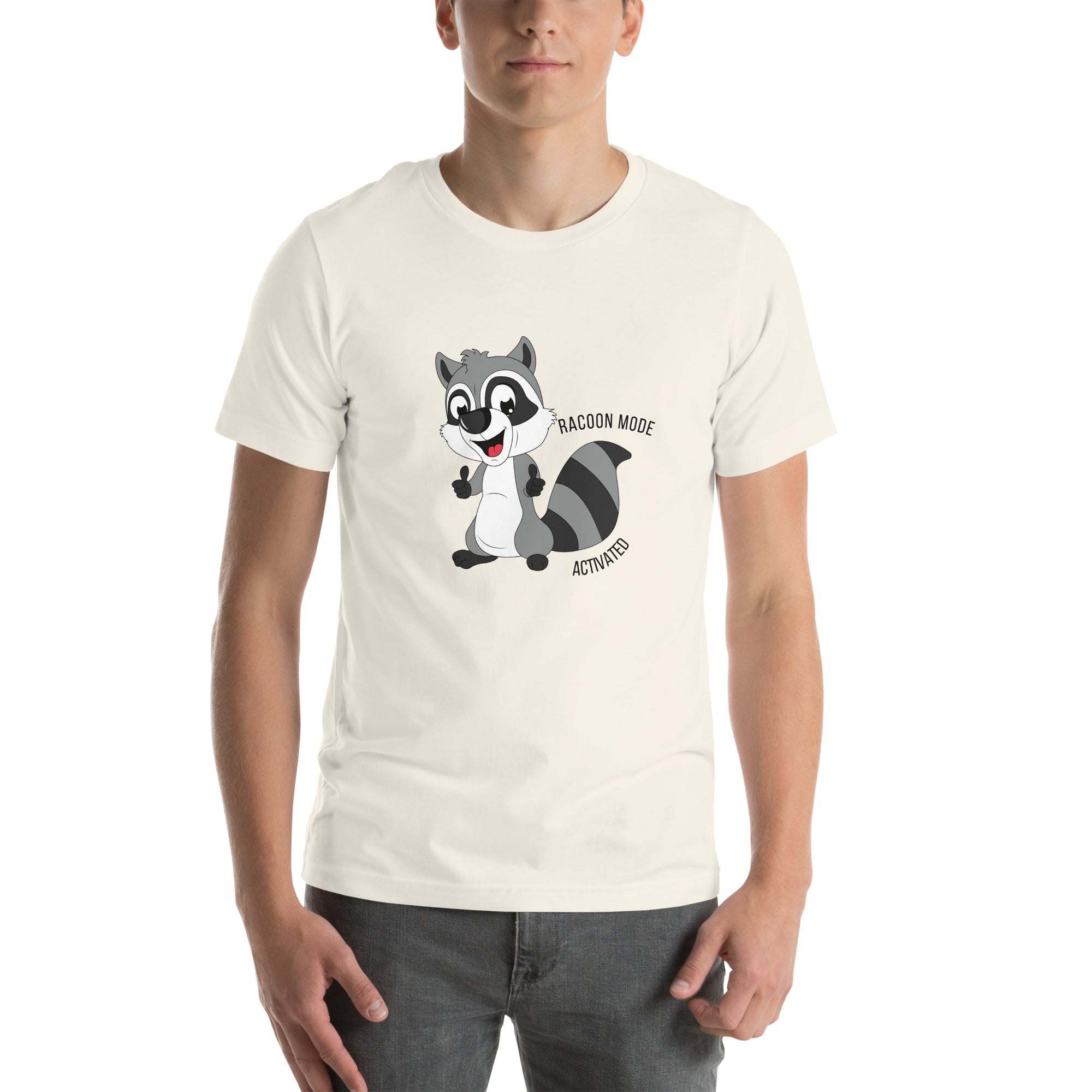 Man wearing white Raccoon Mode T-Shirt with cartoon raccoon and "Raccoon Mode Activated" text on front