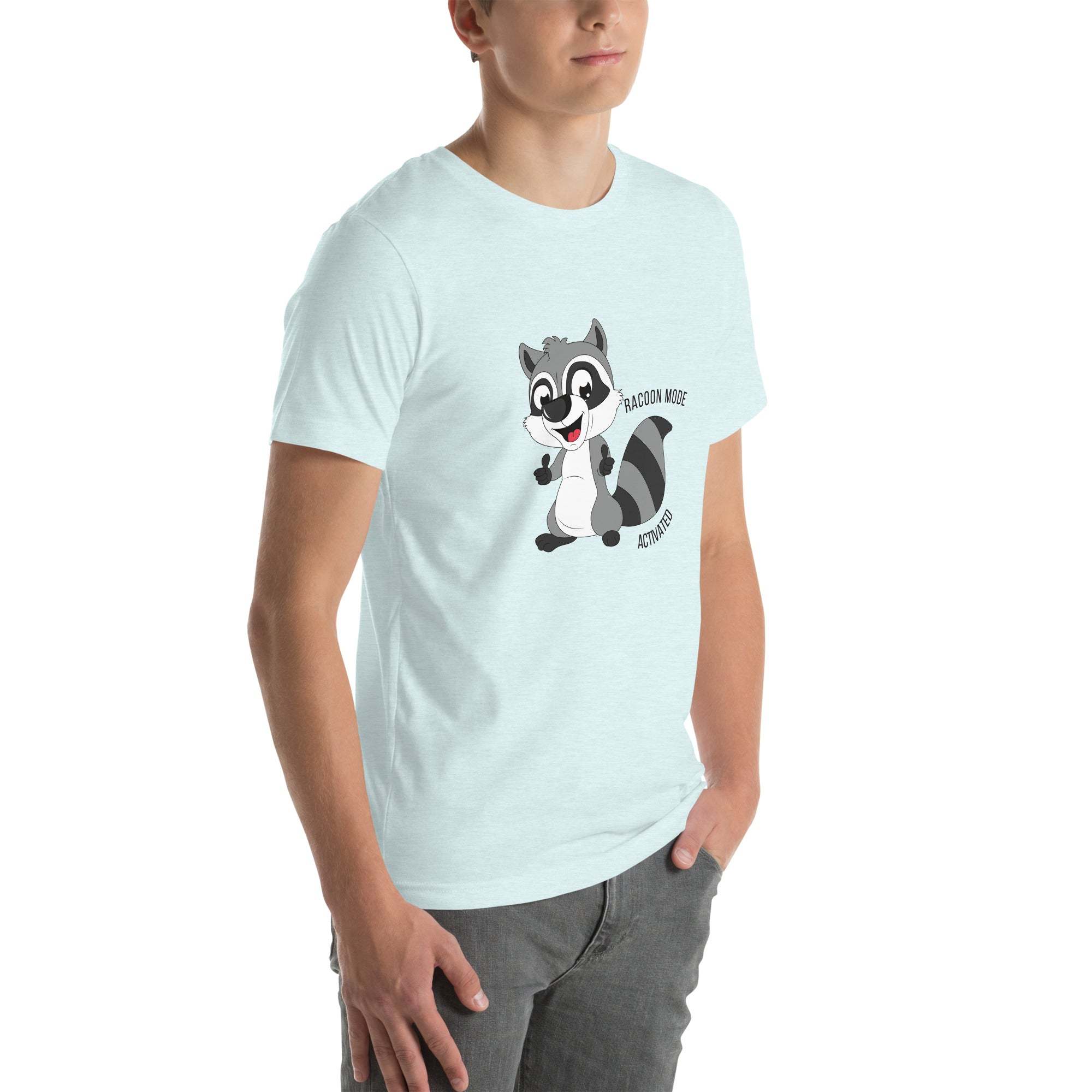 Man wearing light blue Raccoon Mode T-Shirt with cartoon raccoon and text design