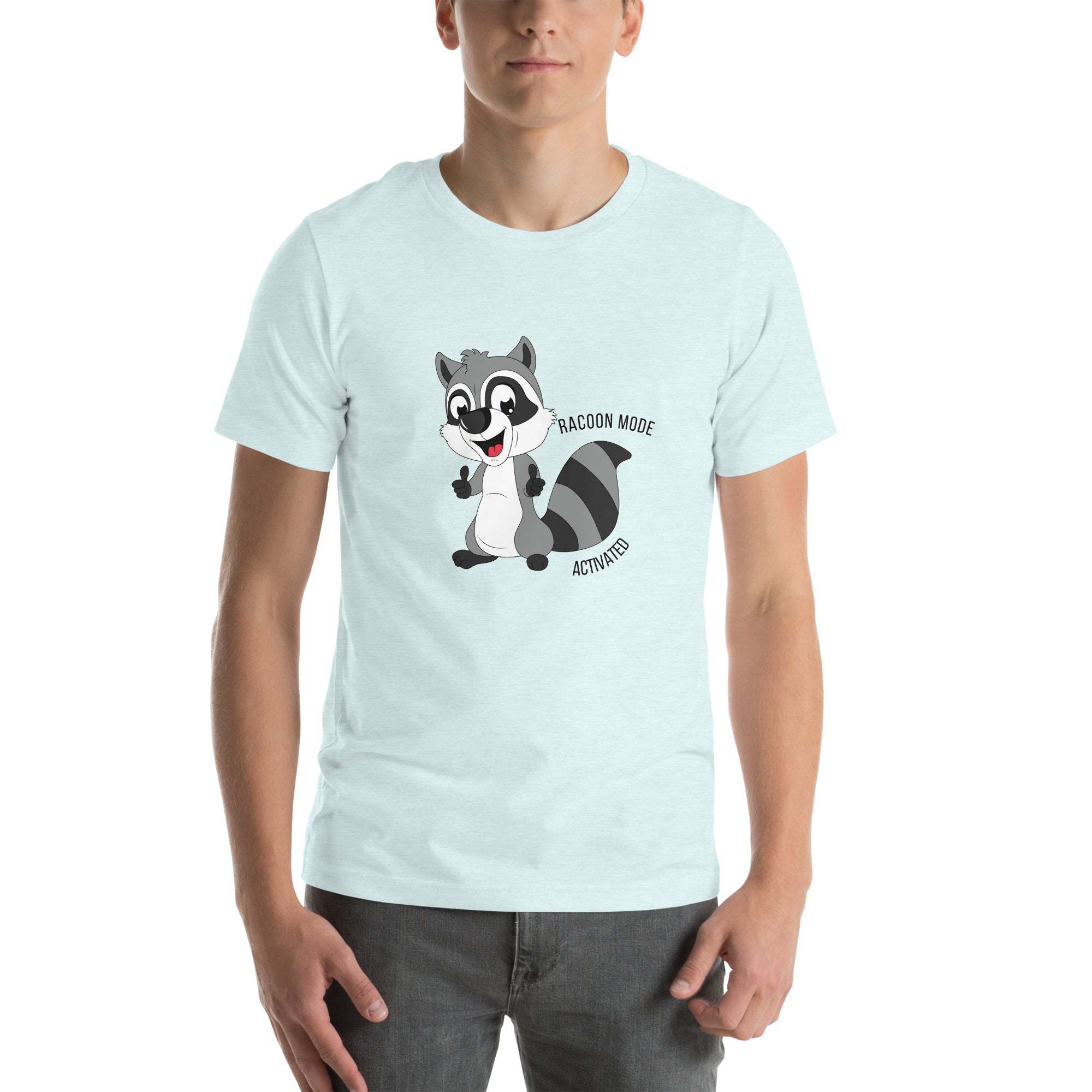 Man wearing light blue Raccoon Mode T-Shirt with cartoon raccoon and text "Raccoon Mode Activated"