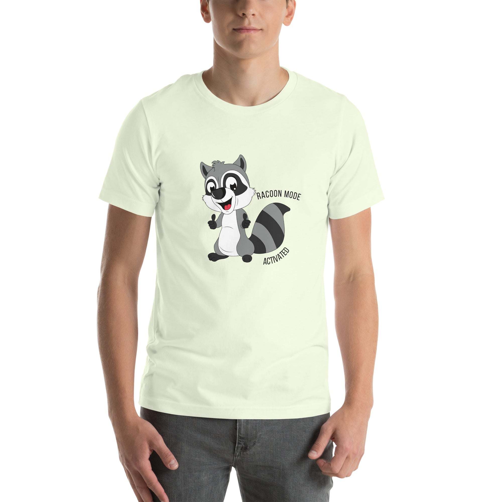 Man wearing a soft cotton Raccoon Mode T-Shirt with a cute cartoon raccoon and "Raccoon Mode Activated" text design