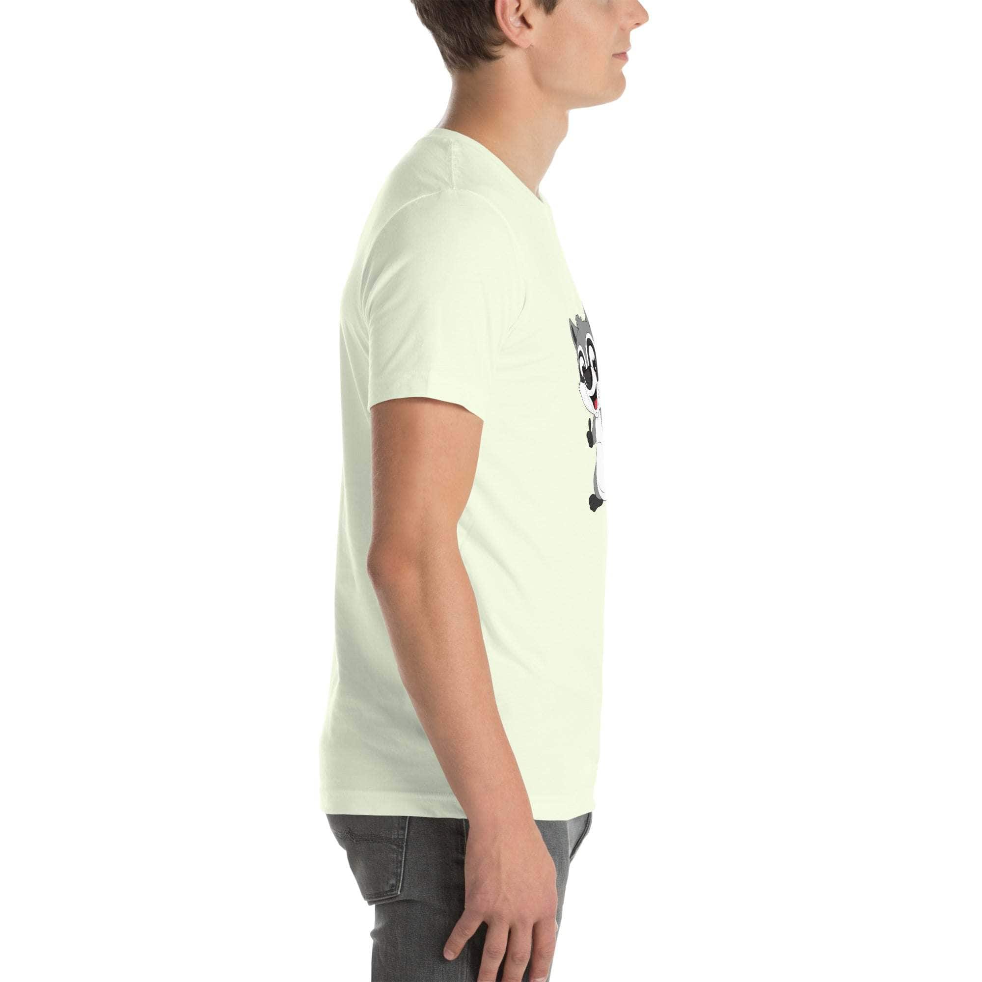 Side view of man wearing white Raccoon Mode T-Shirt with cartoon raccoon design