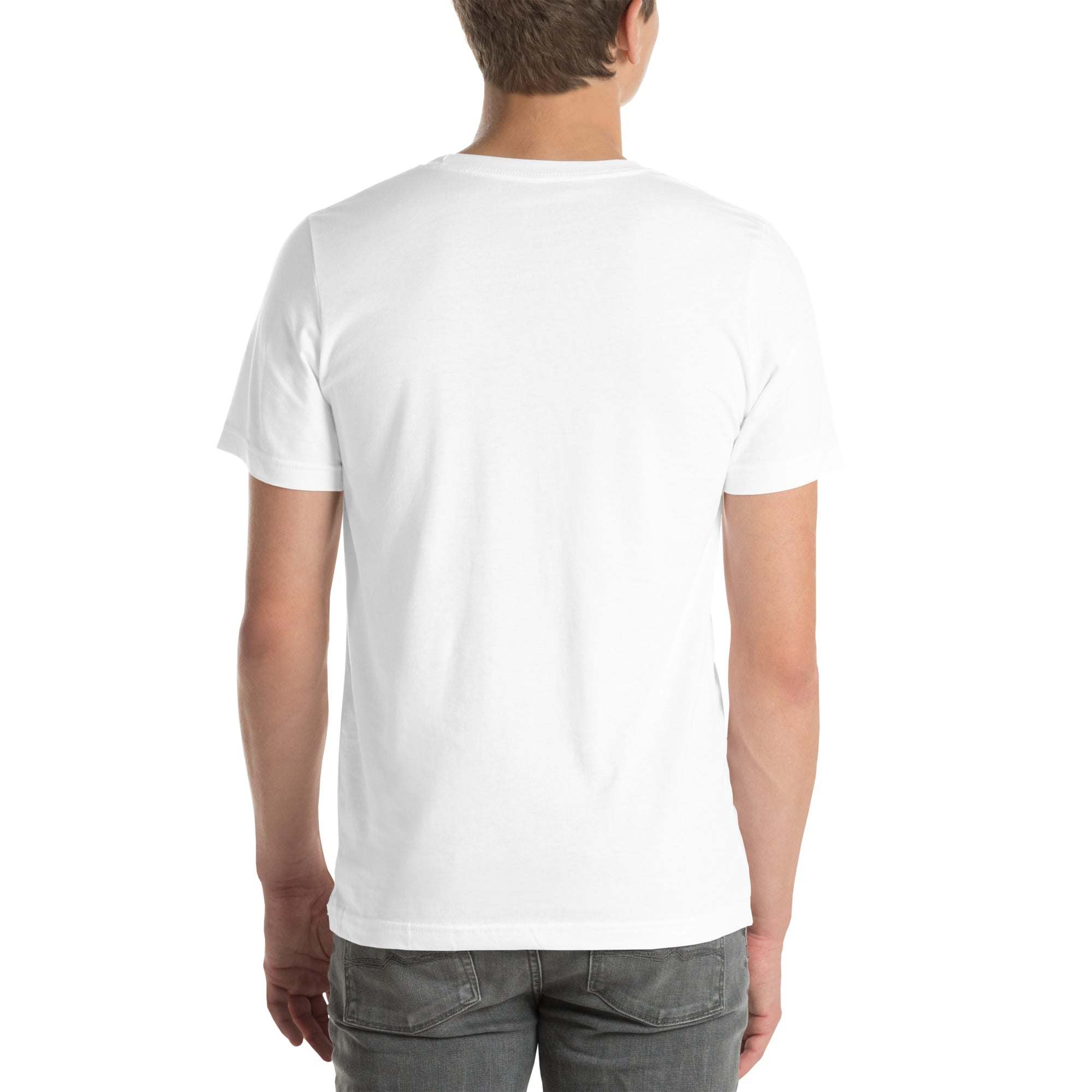 Back view of a person wearing a plain white Raccoon Mode T-Shirt made of soft cotton.
