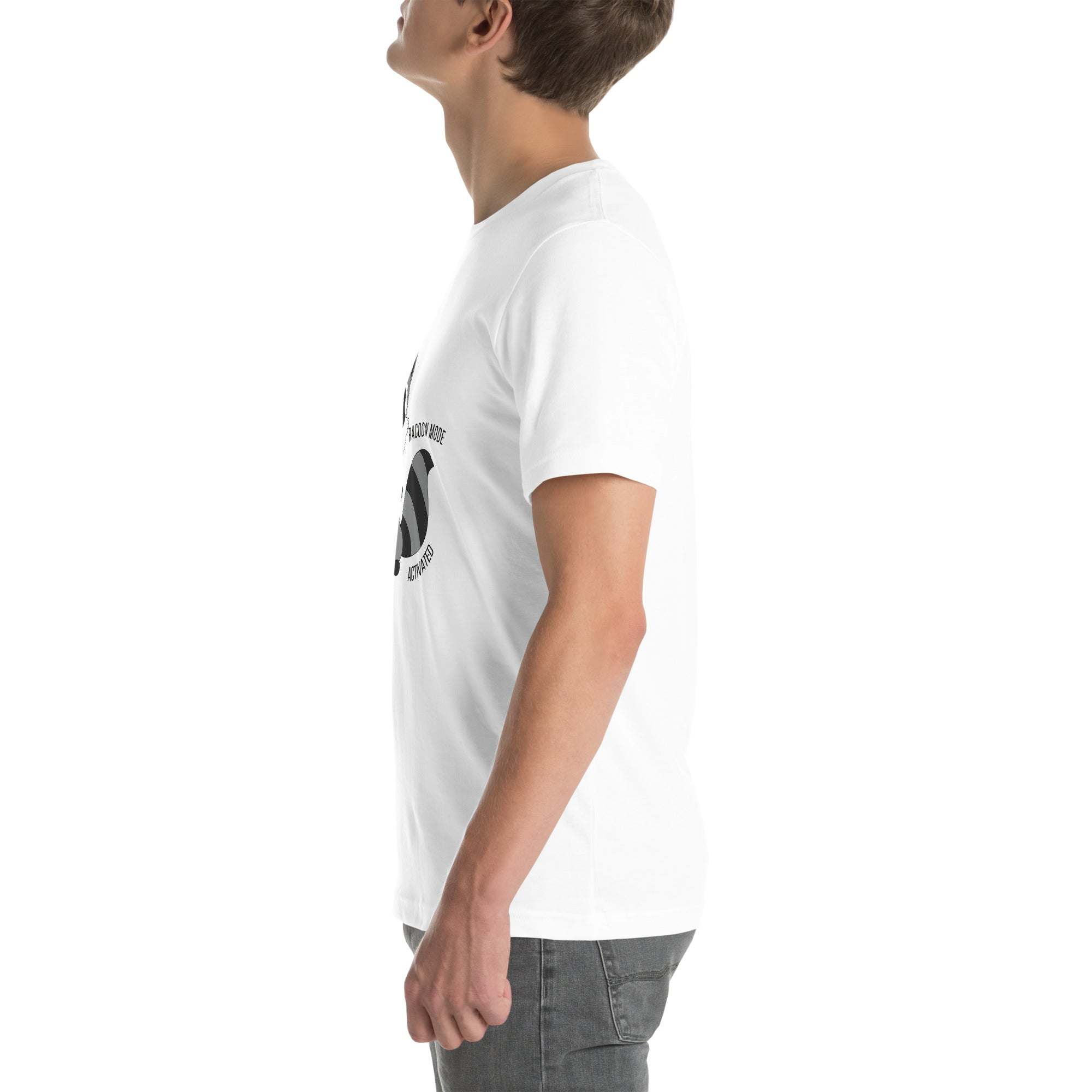 Side view of man wearing white Raccoon Mode T-Shirt with cartoon raccoon and text design