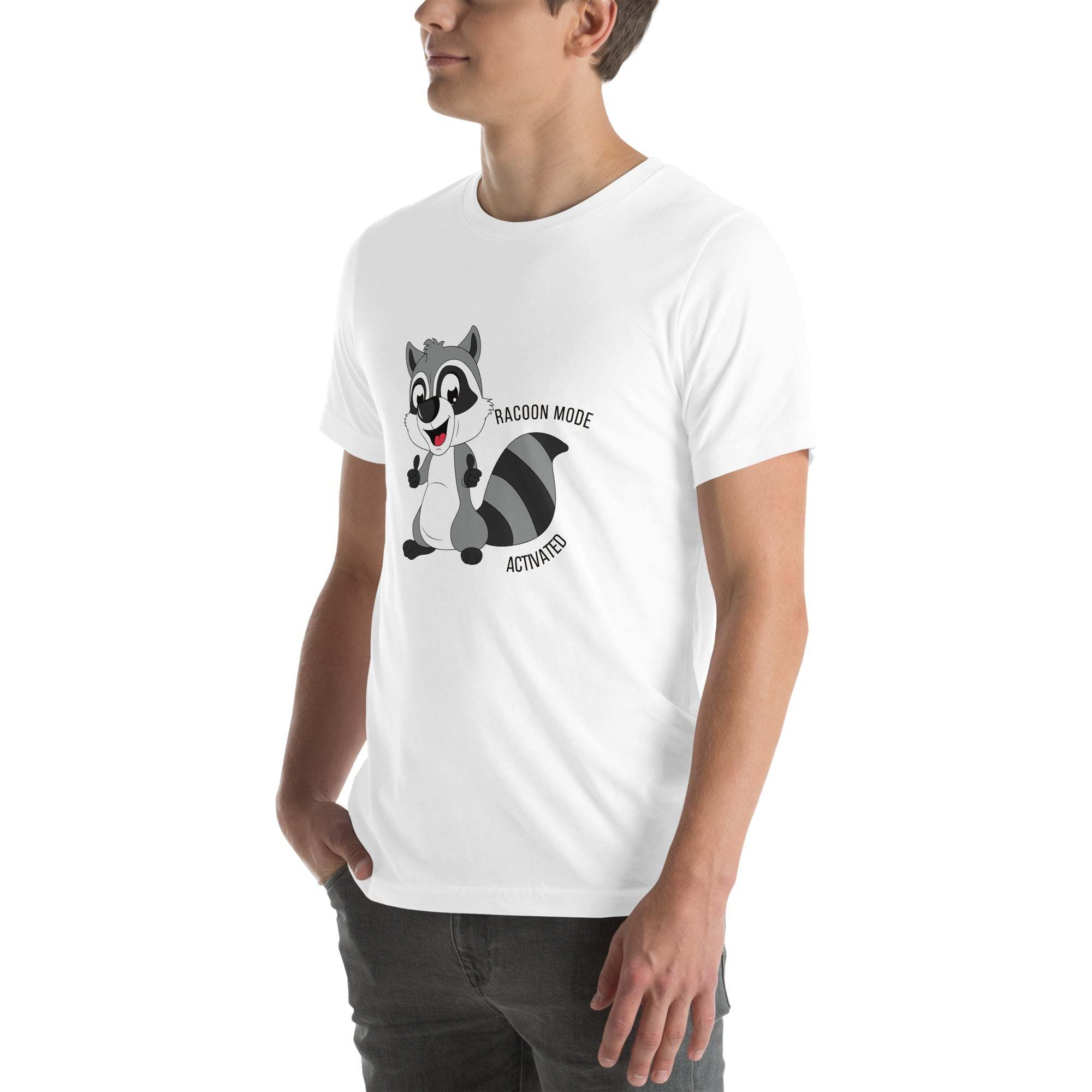 Man wearing white Raccoon Mode T-Shirt with cartoon raccoon and text "Raccoon Mode Activated"