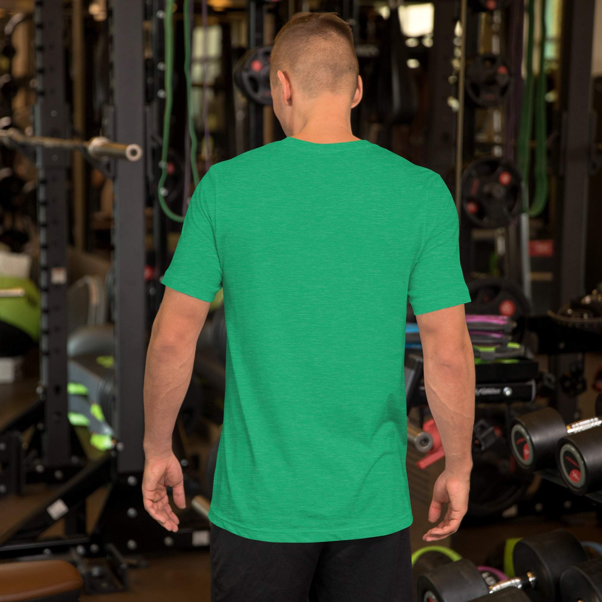 Man wearing green Father's Day T-Shirt in gym setting showing back view