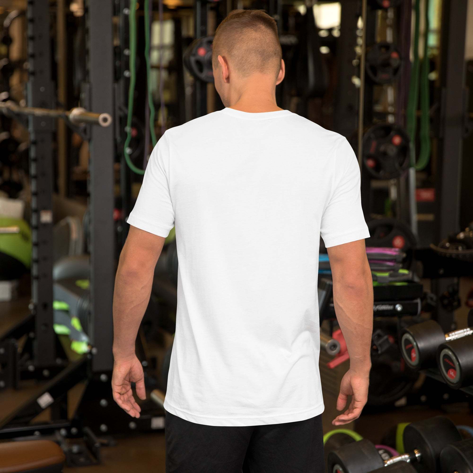 Man wearing plain white Father's Day T-Shirt showing back view in gym setting