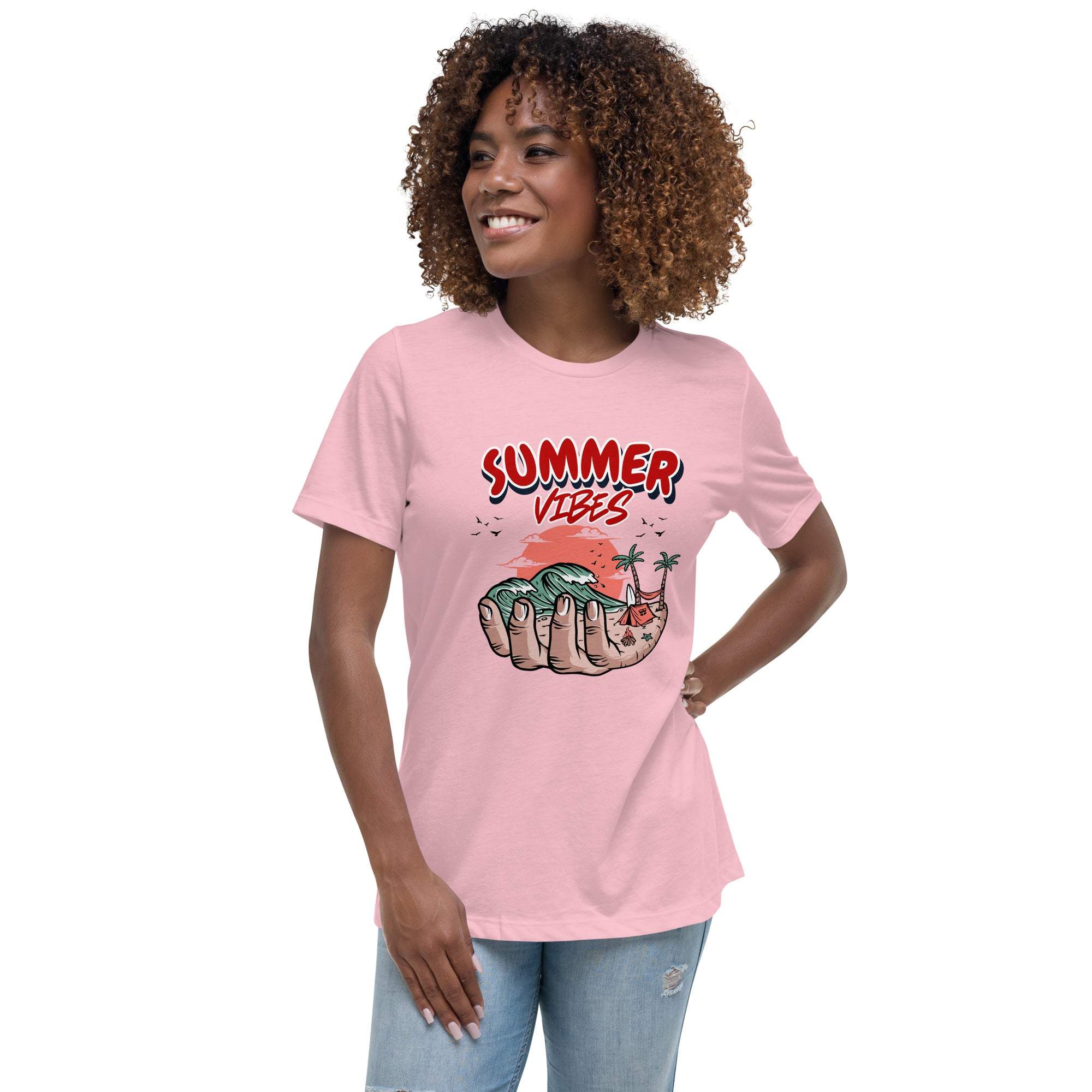 Woman wearing a pink Summer Vibes T-Shirt with retro beach graphic and palm trees.