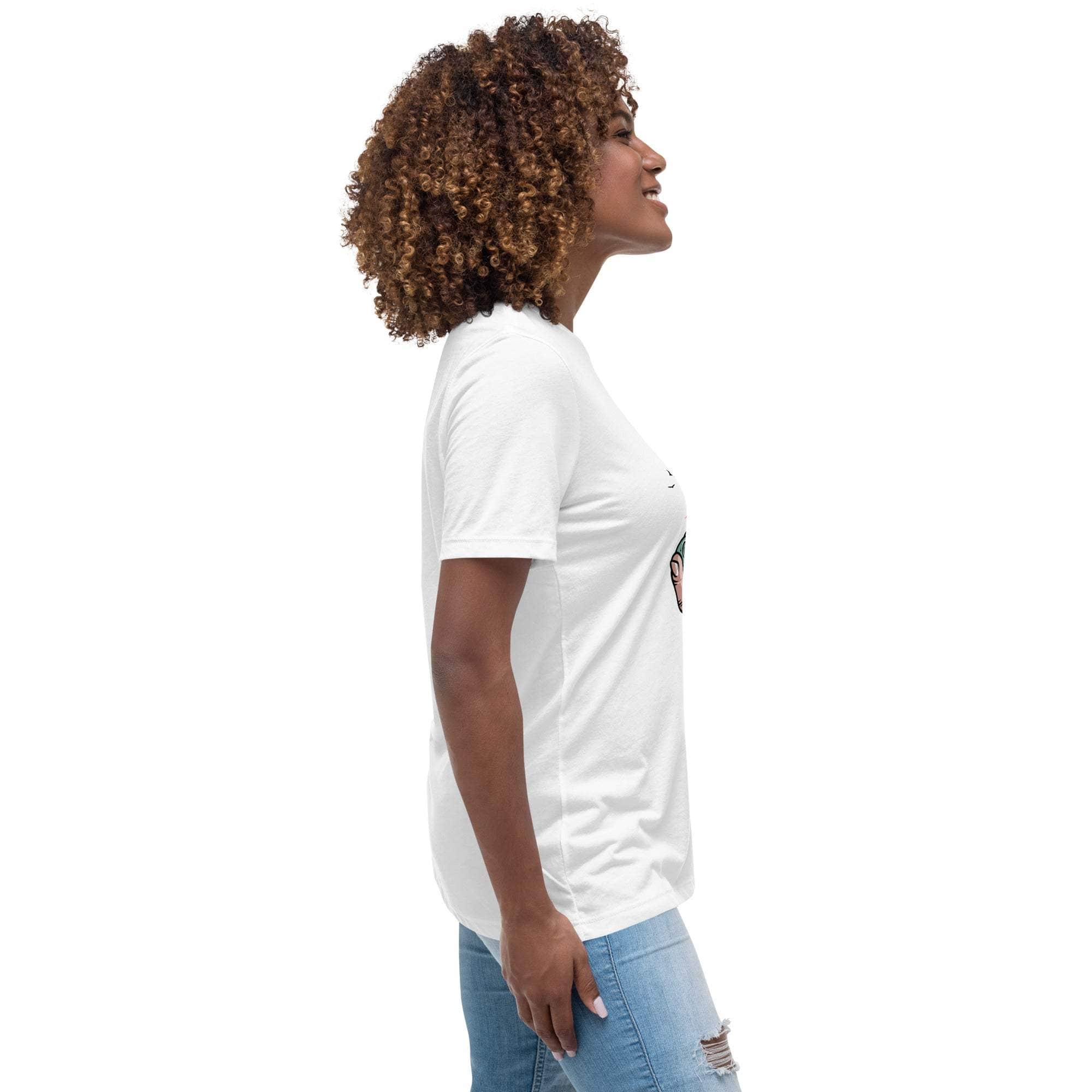 Woman wearing white Summer Vibes T-Shirt with retro beach graphic, side view