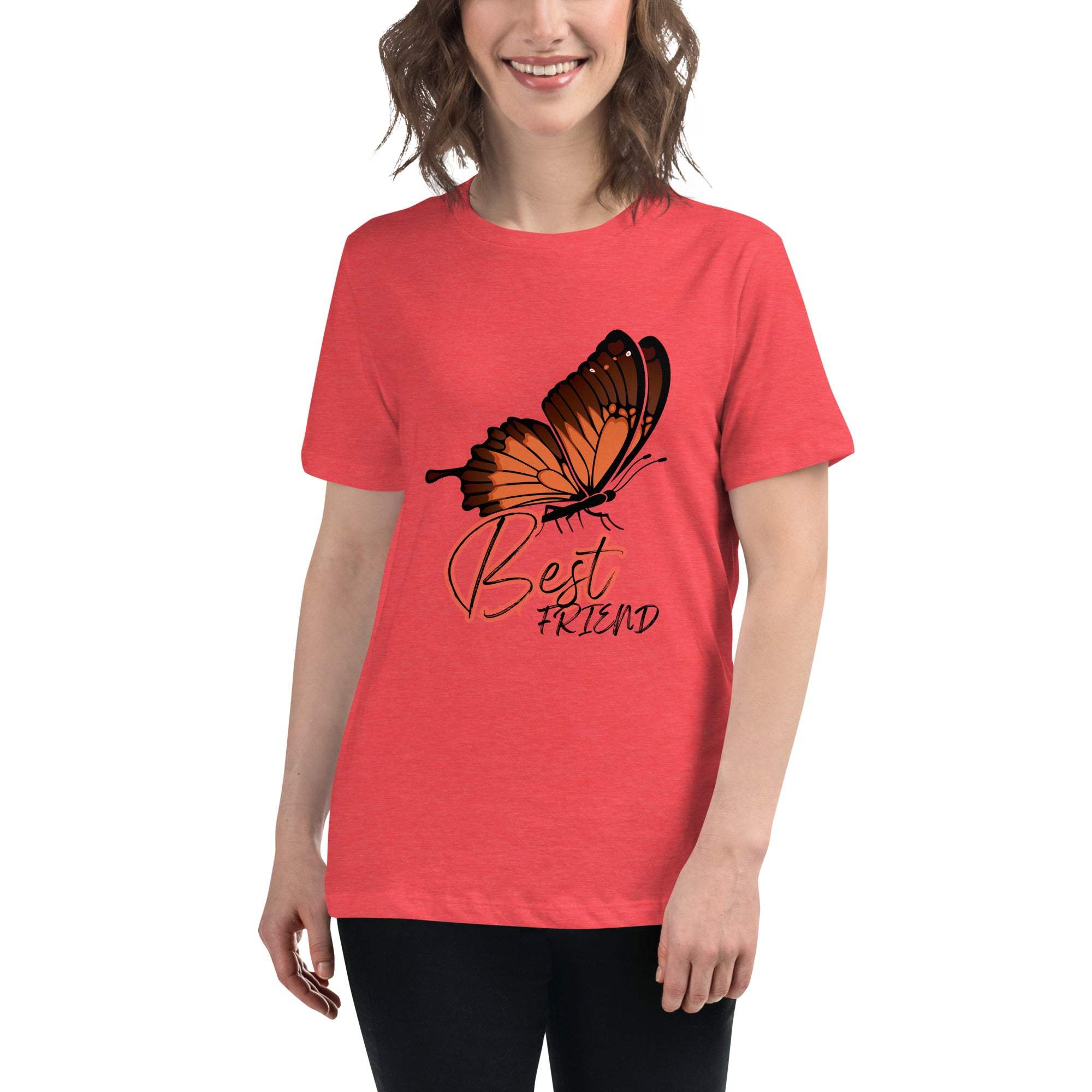 Red Best Friend Butterfly T-Shirt with orange butterfly graphic and stylish "Best Friend" text, unisex fit, soft fabric.