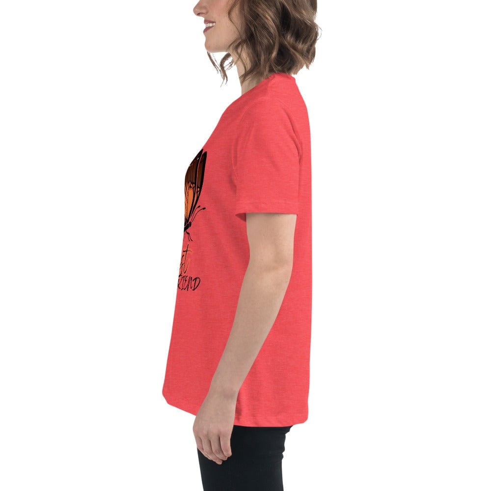 Side view of a person wearing a coral Best Friend Butterfly T-Shirt with butterfly graphic and text, styled casually.