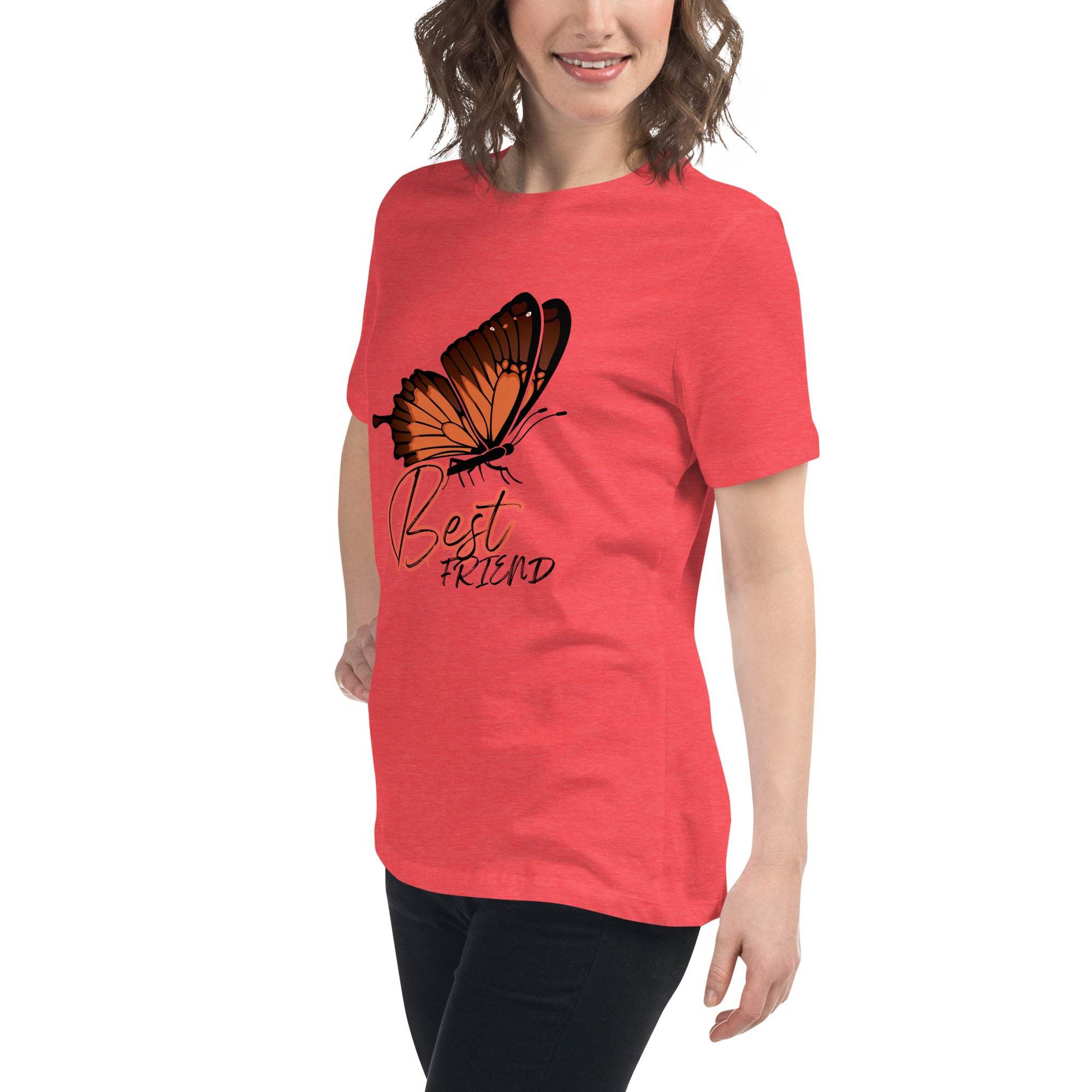 Woman wearing a red Best Friend Butterfly T-Shirt with a large orange butterfly graphic and "Best Friend" text.
