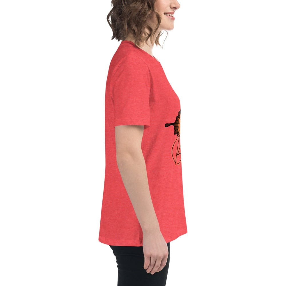 Side view of woman wearing red Best Friend Butterfly T-Shirt with soft fabric and unisex fit.