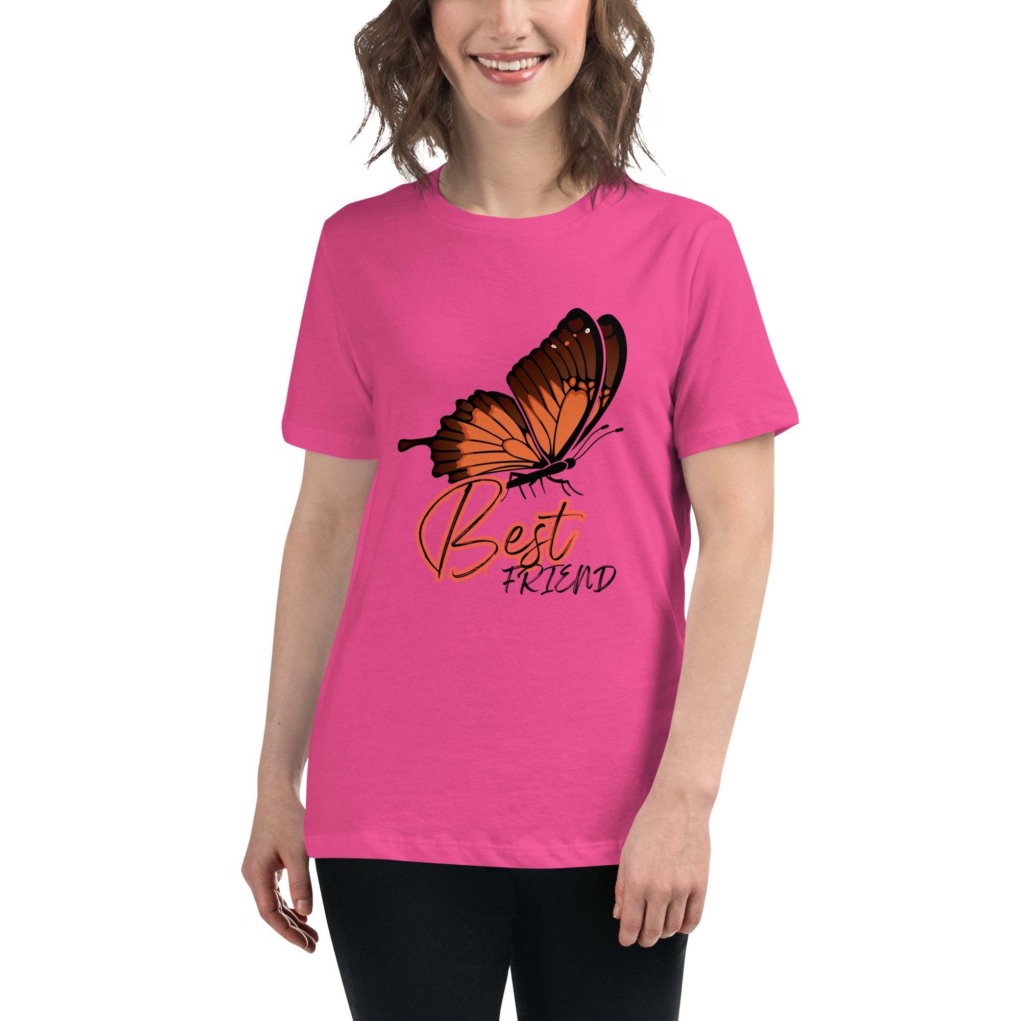 Woman wearing pink Best Friend Butterfly T-Shirt with orange butterfly graphic and "Best Friend" text.