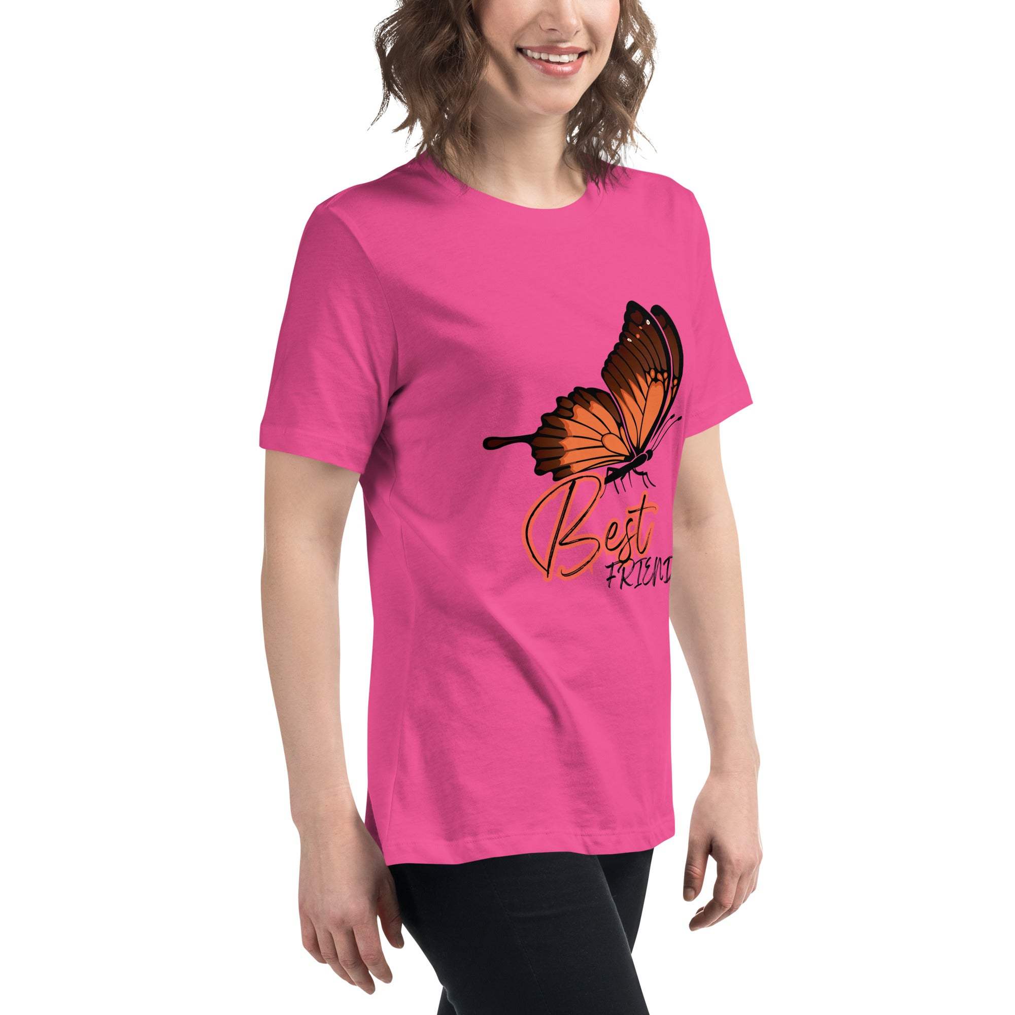 Woman wearing pink Best Friend Butterfly T-Shirt with orange butterfly graphic and text on front