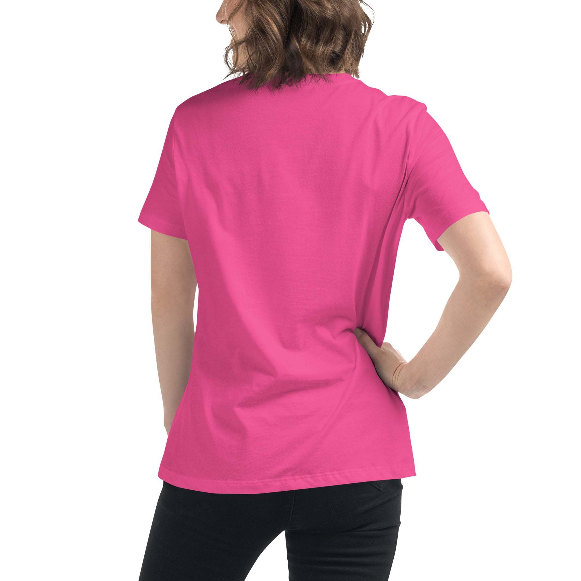 Back view of a person wearing a plain bright pink Best Friend Butterfly T-Shirt with short sleeves and a relaxed unisex fit