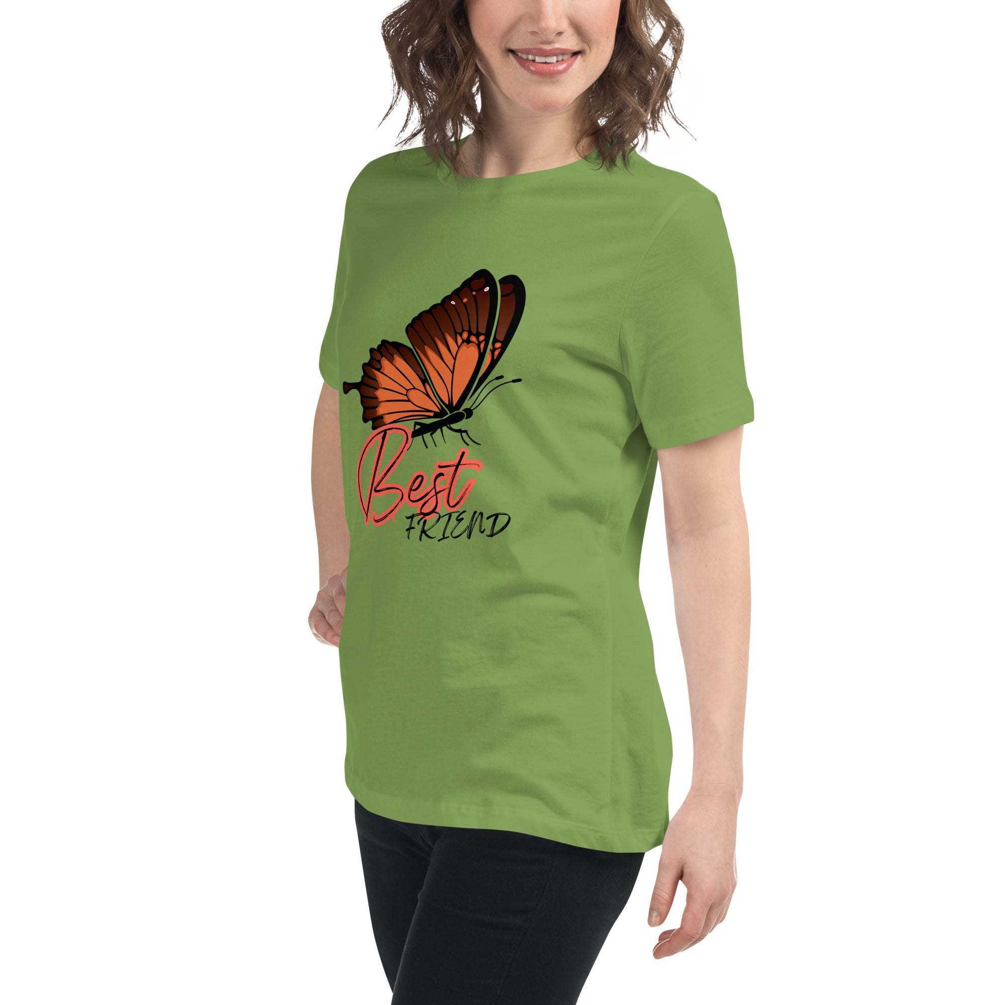 Woman wearing green Best Friend Butterfly T-Shirt with orange butterfly graphic and text design
