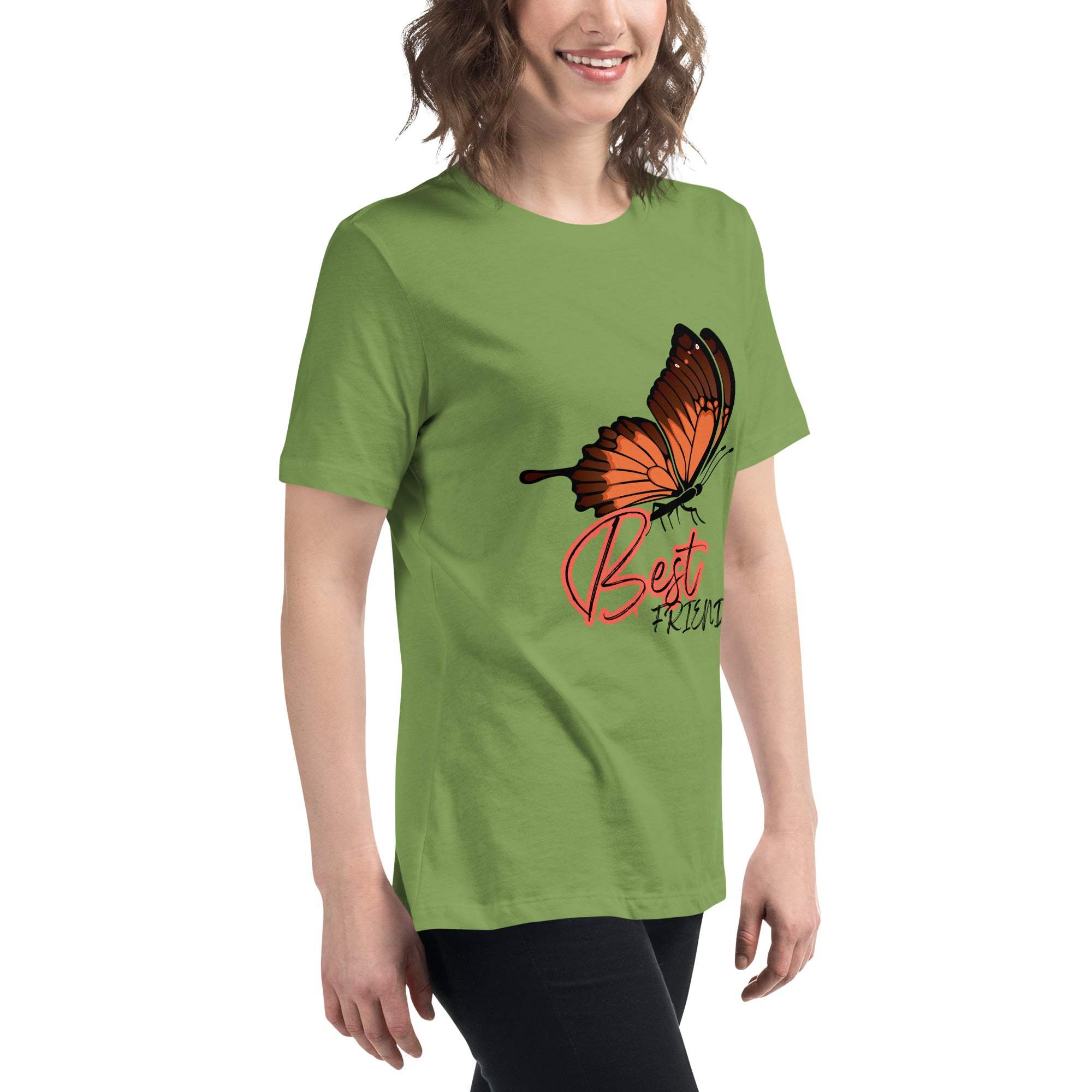 Green Best Friend Butterfly T-Shirt with orange butterfly graphic and red "Best Friend" text, worn by a smiling woman