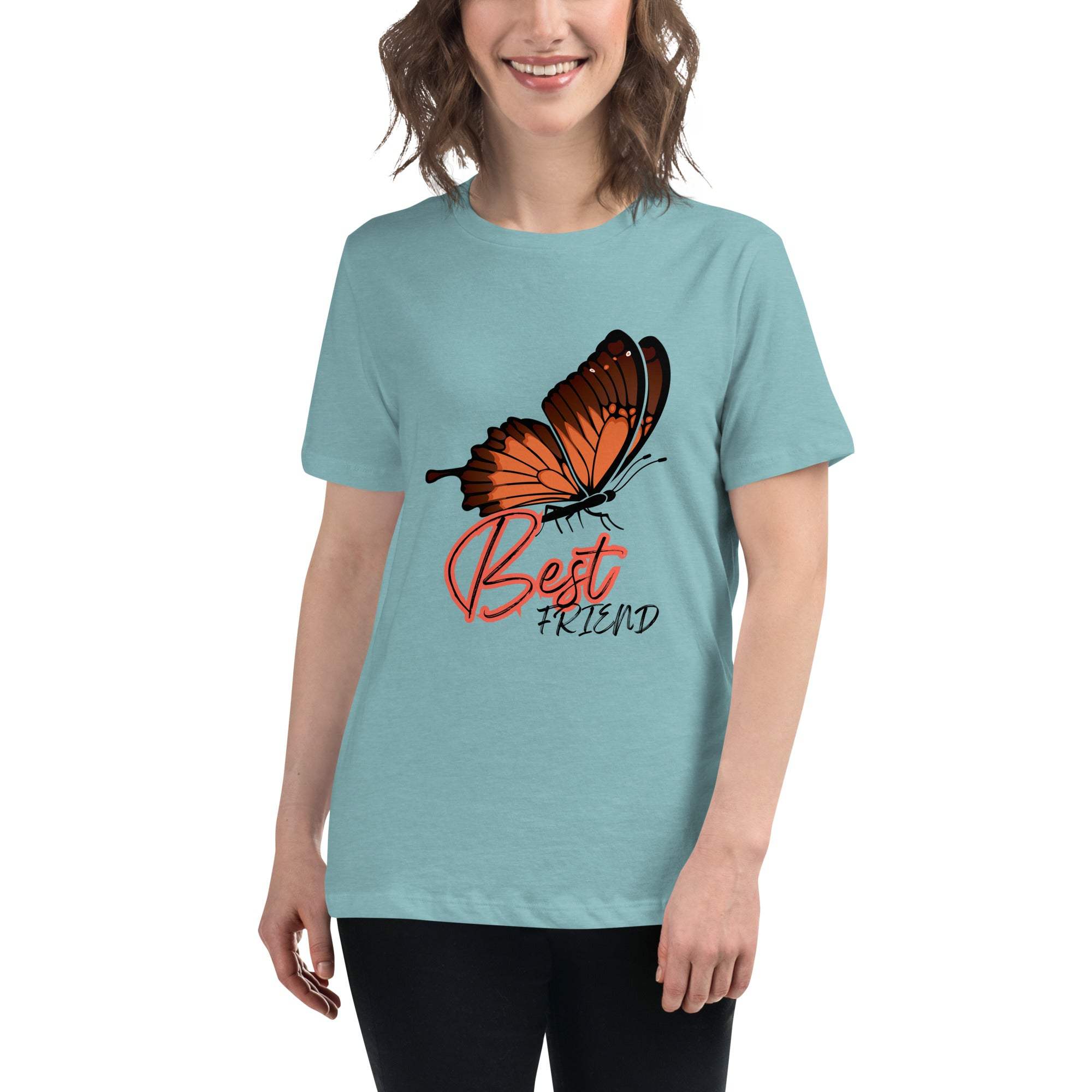Unisex light blue t-shirt with orange butterfly graphic and "Best Friend" text design