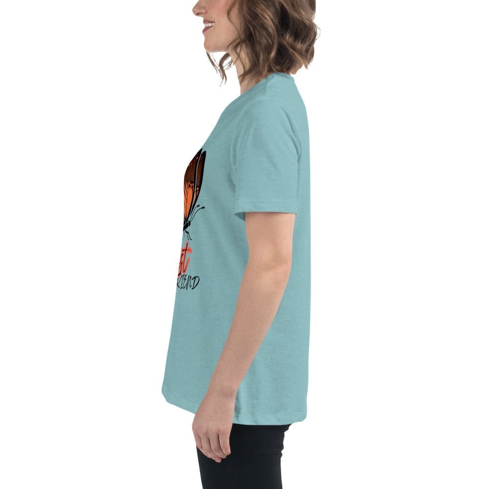 Side view of a person wearing a light blue Best Friend Butterfly T-Shirt with butterfly graphic and text design.