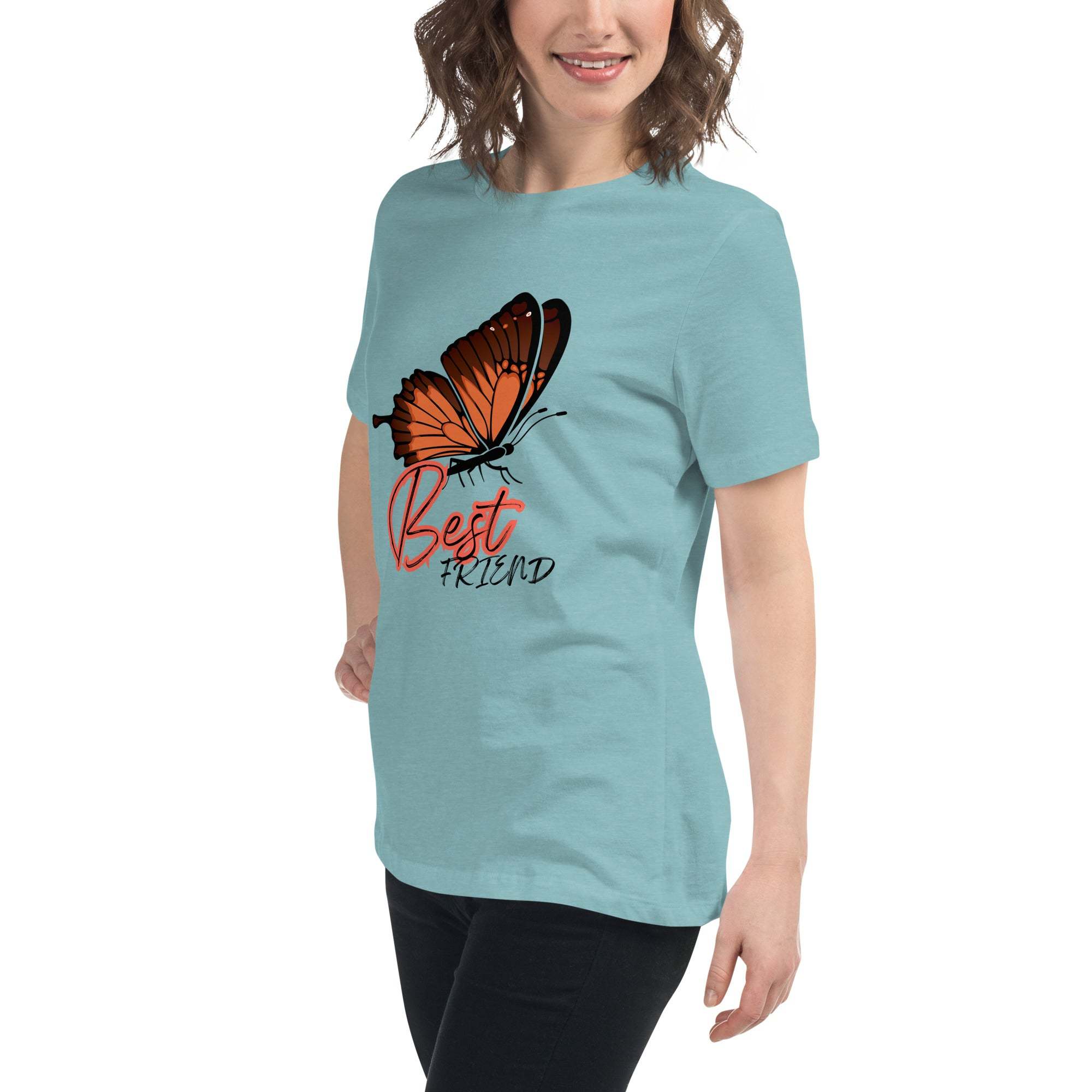 Woman wearing a light blue Best Friend Butterfly T-Shirt with a large orange butterfly graphic and "Best Friend" text on the front.