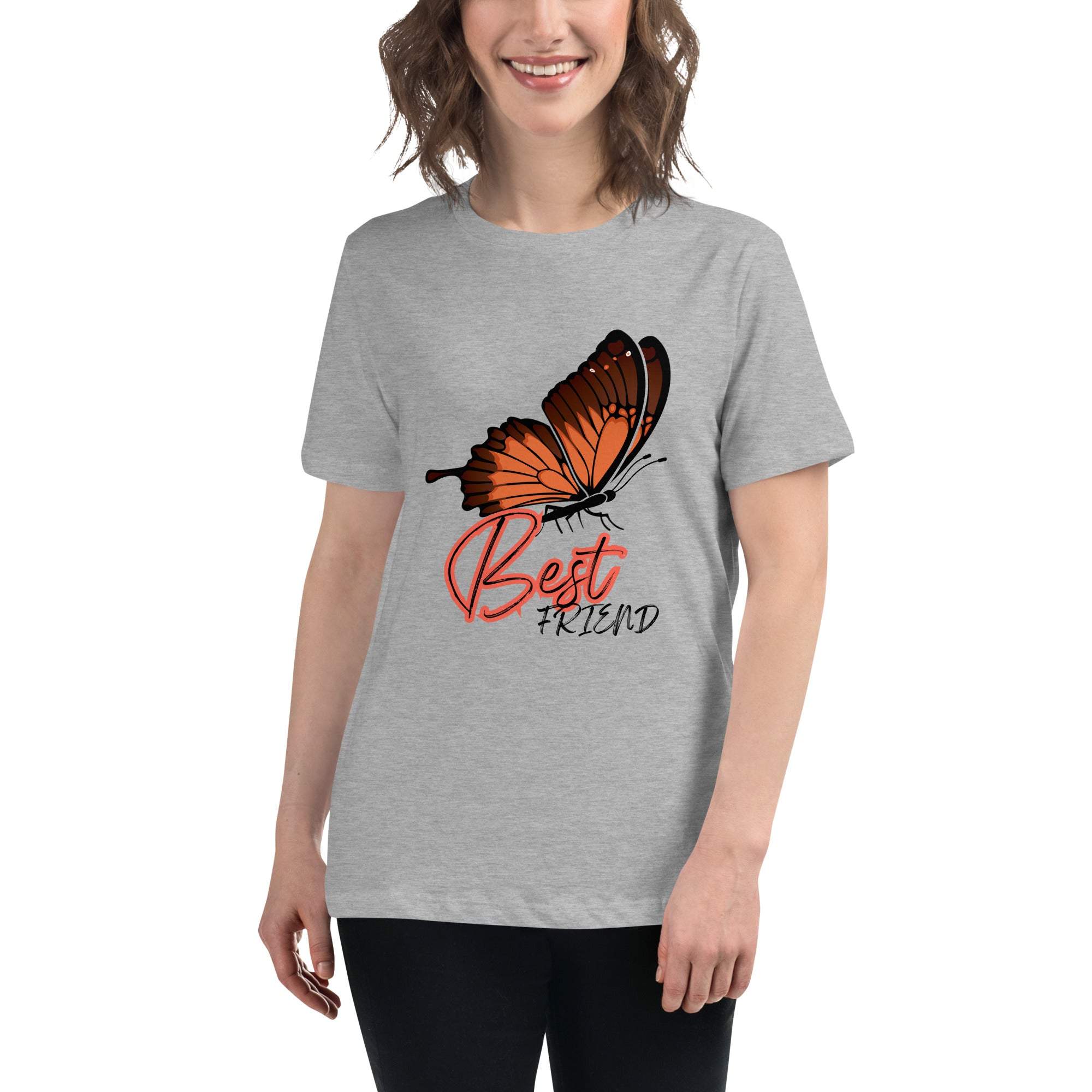 Woman wearing grey Best Friend Butterfly T-Shirt with orange butterfly graphic and "Best Friend" text