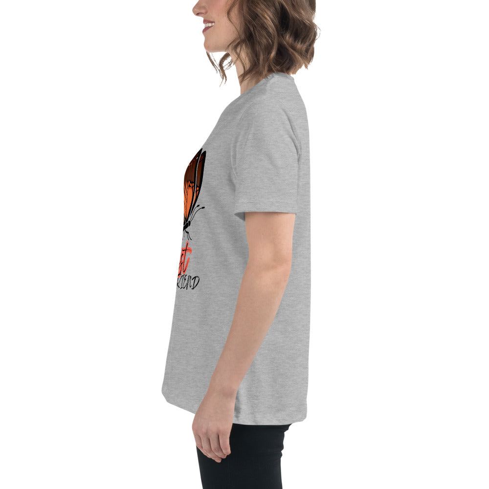 Side view of a person wearing a grey Best Friend Butterfly T-Shirt with an orange butterfly graphic and black "Best Friend" text, styled for a casual fit.
