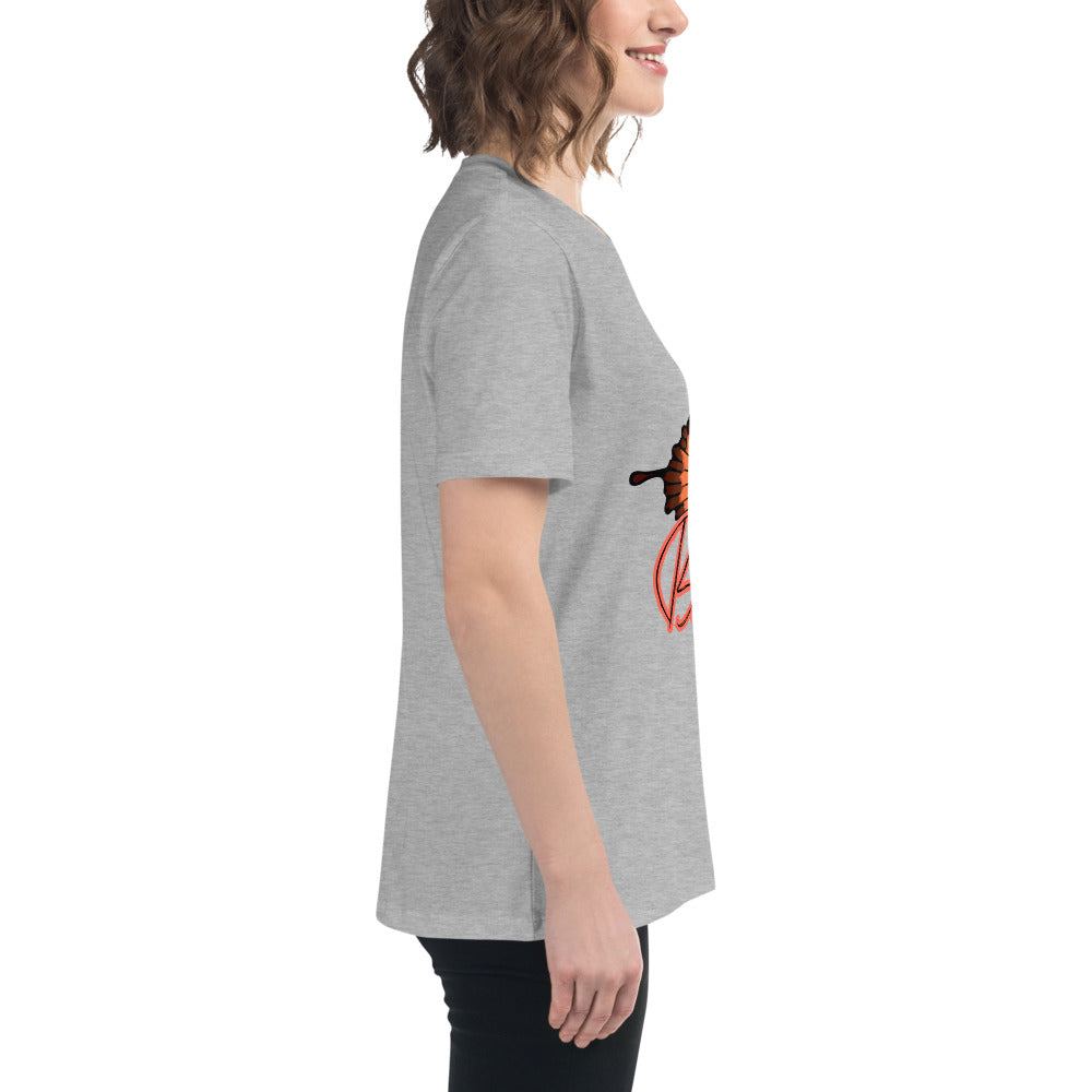 Woman wearing a gray Best Friend Butterfly T-Shirt with a butterfly graphic on the side view