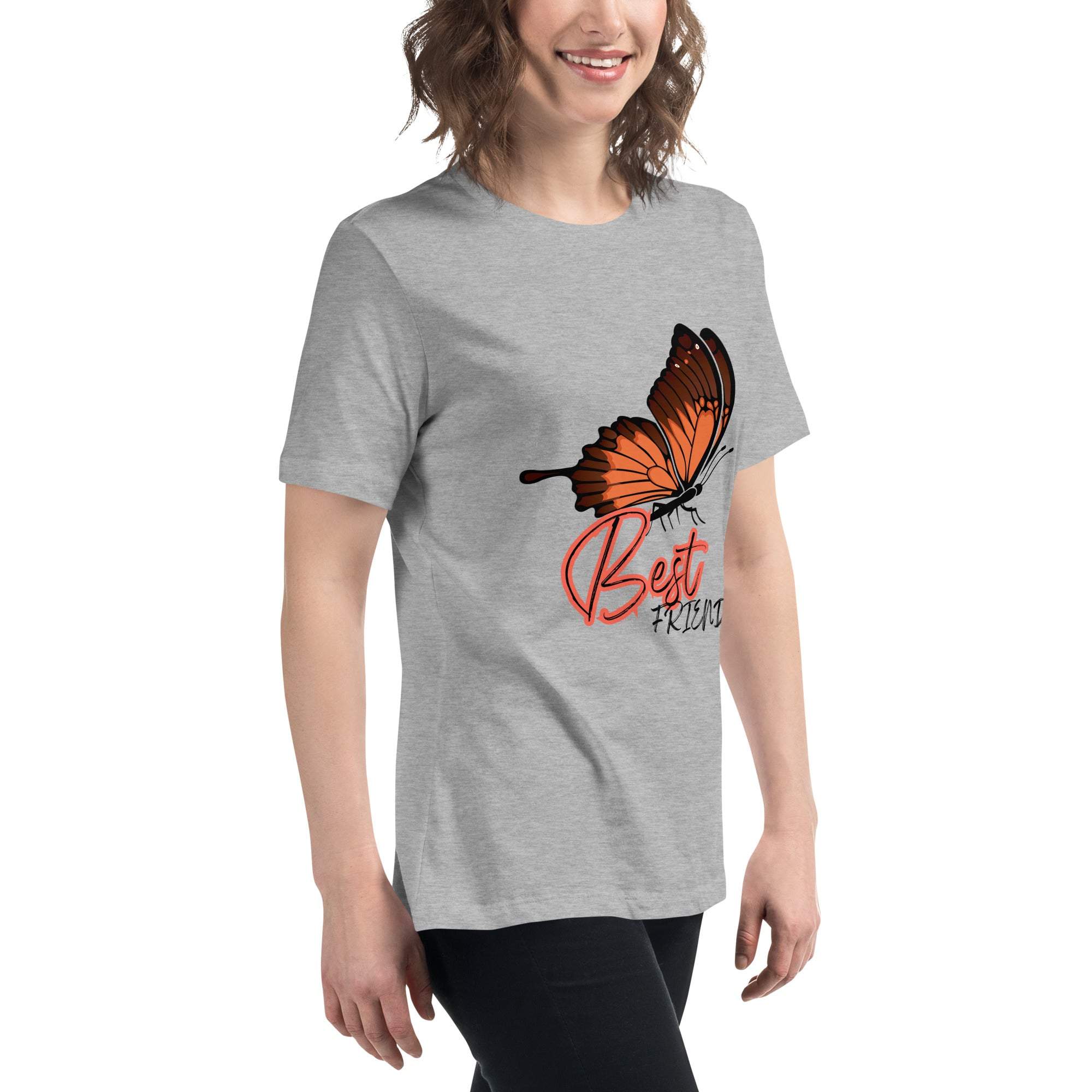 Gray Best Friend Butterfly T-Shirt with orange butterfly graphic and "Best Friend" text, worn by woman