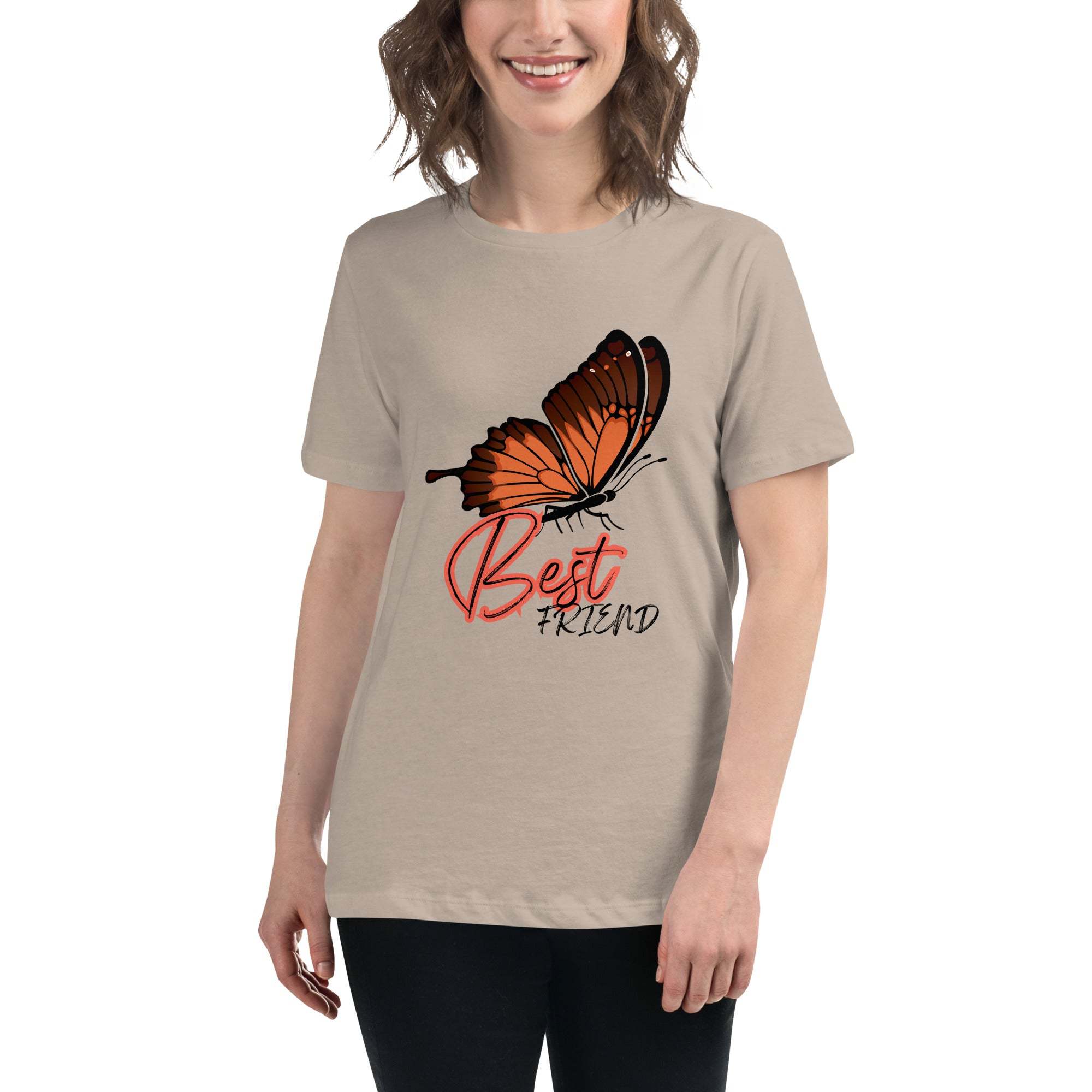 Unisex beige Best Friend Butterfly T-Shirt with orange butterfly graphic and stylish "Best Friend" text, soft breathable fabric for casual wear.