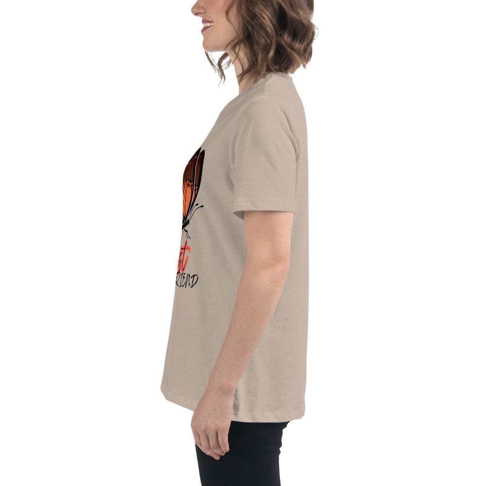 Side view of a beige Best Friend Butterfly T-Shirt with butterfly graphic and text on a woman model