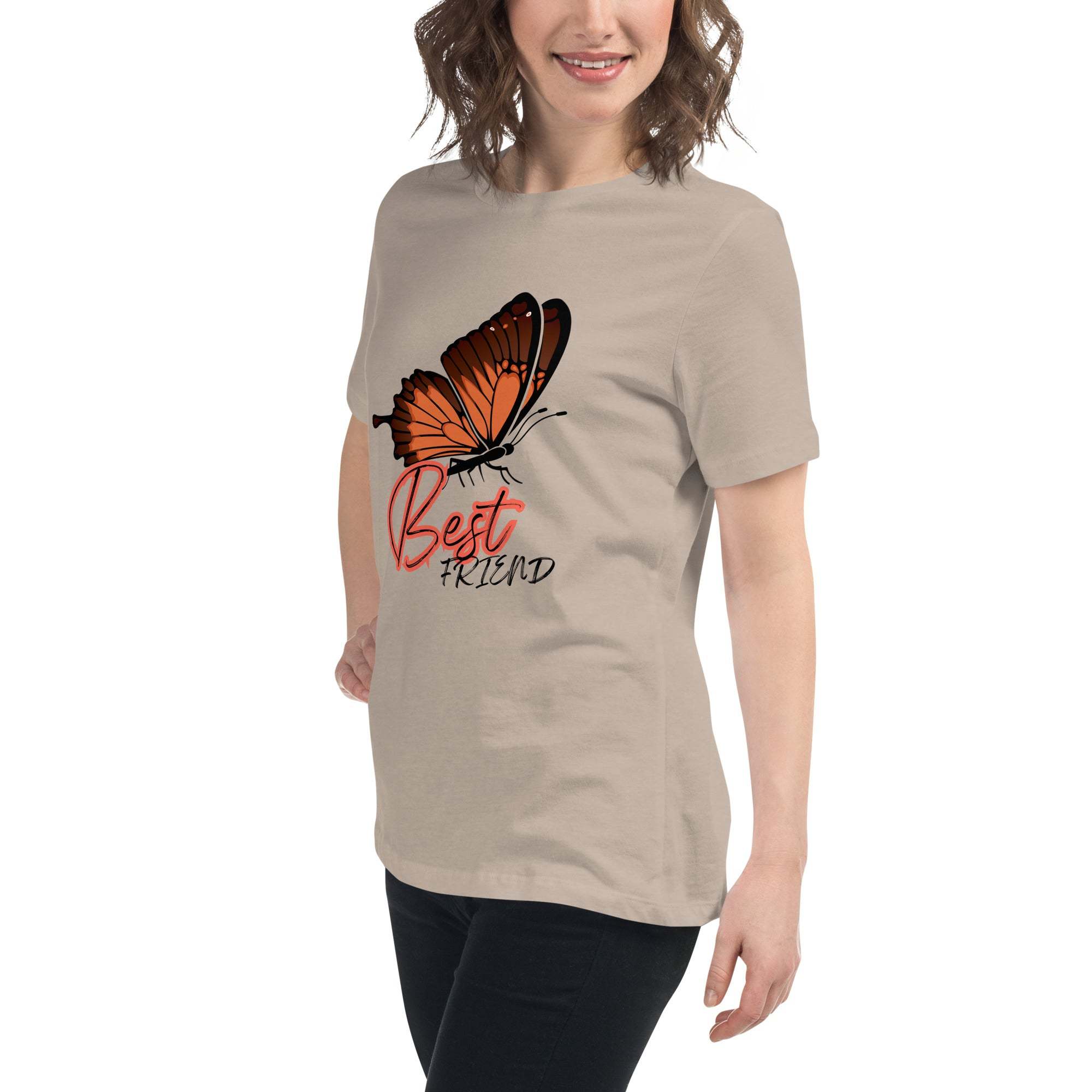 Woman wearing a beige Best Friend Butterfly T-Shirt with an orange butterfly graphic and "Best Friend" text.