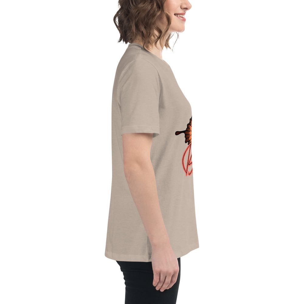 Side view of a woman wearing a beige Best Friend Butterfly T-Shirt with a butterfly and text design.