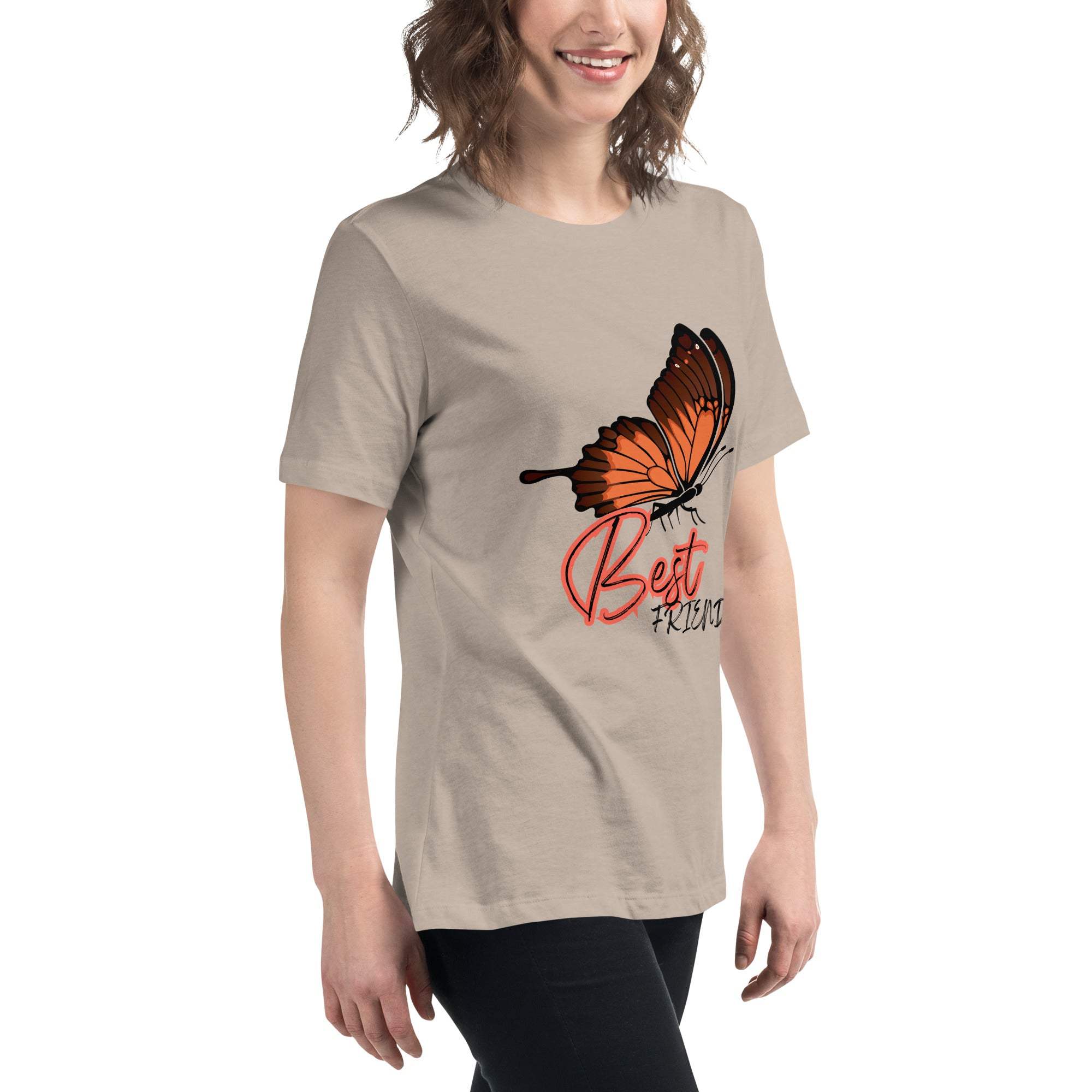 Woman wearing a beige Best Friend Butterfly T-Shirt with an orange butterfly and "Best Friend" text design.