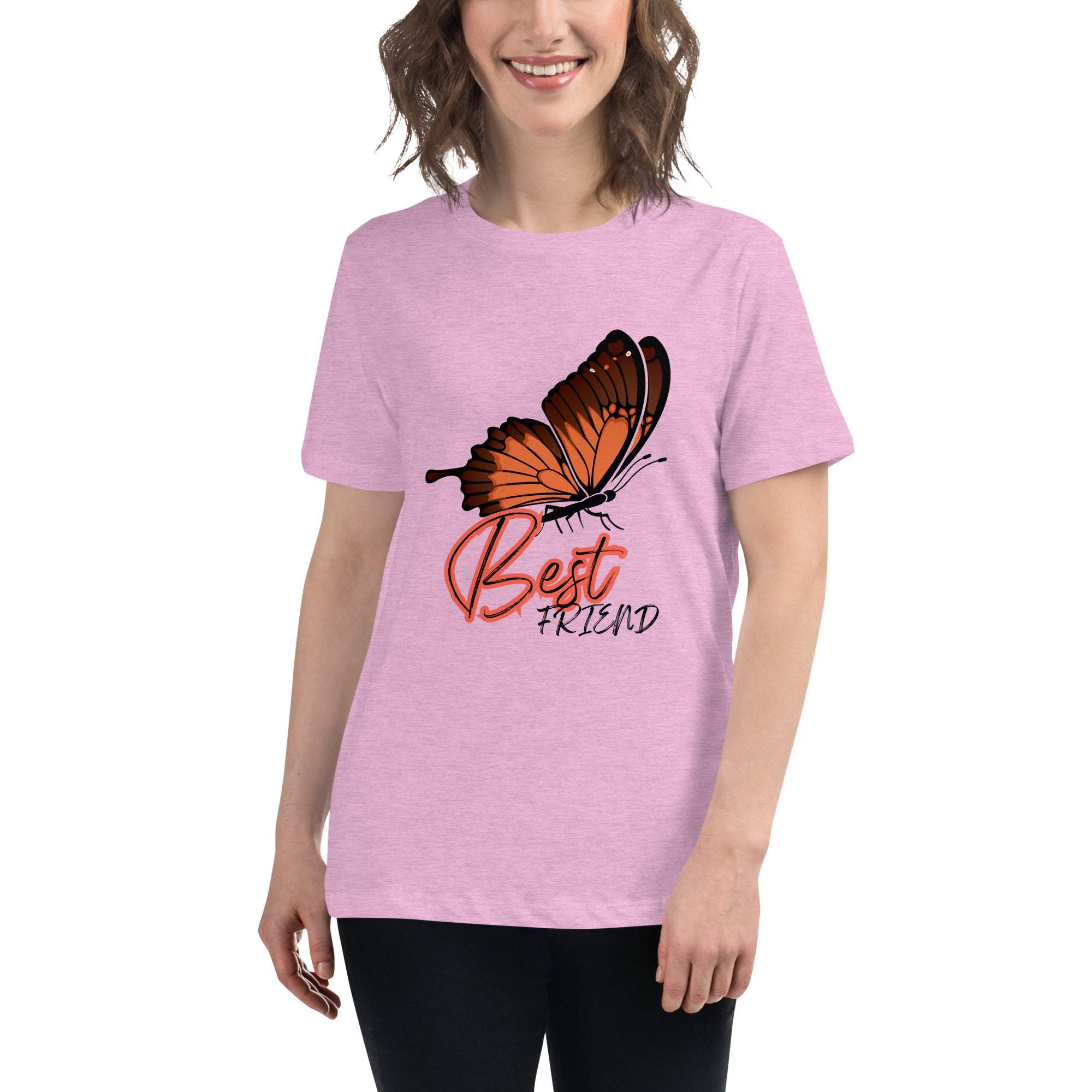 Woman wearing a pink Best Friend Butterfly T-Shirt with a large orange butterfly graphic and "Best Friend" text on the front.
