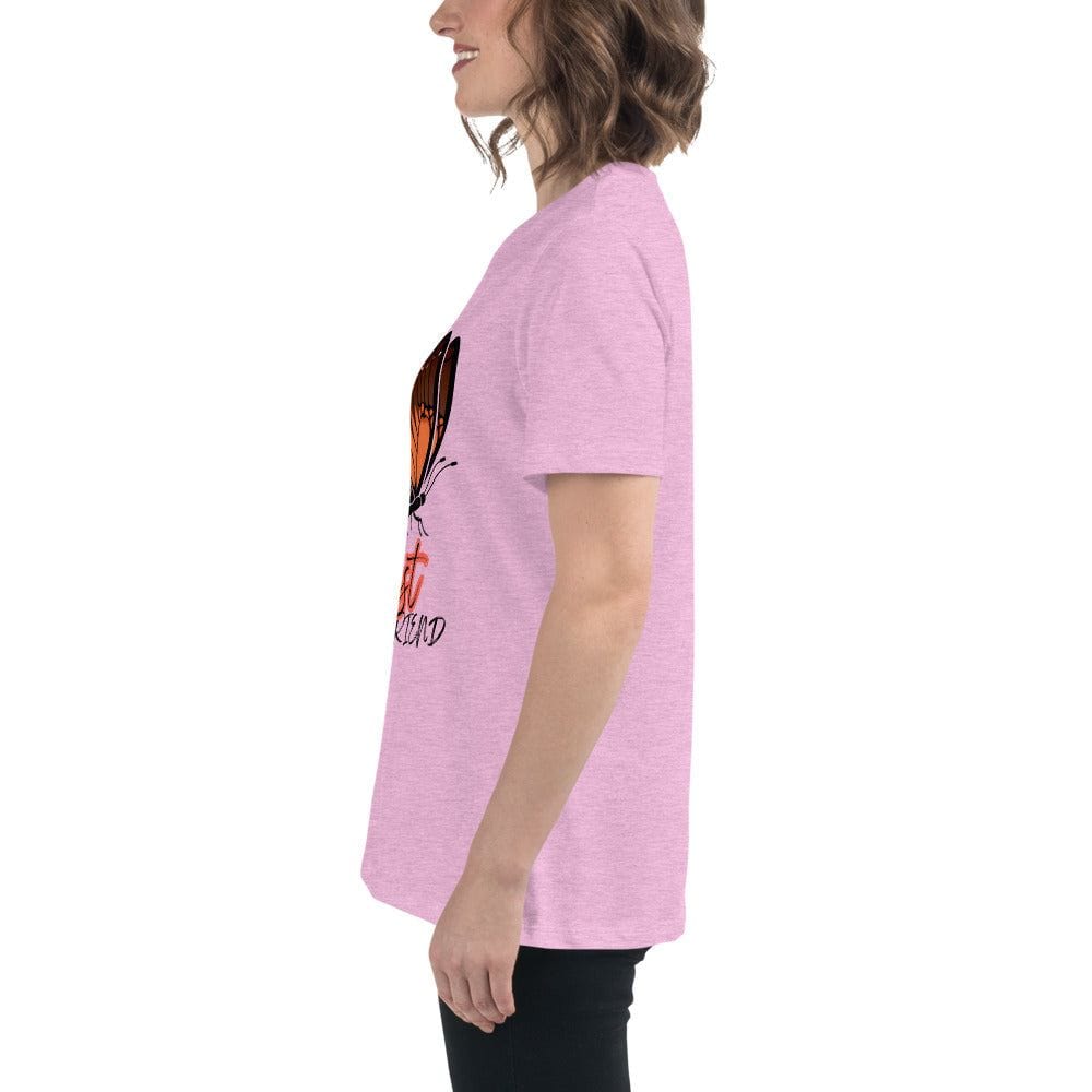 Side view of woman wearing pink Best Friend Butterfly T-Shirt with butterfly graphic and text design