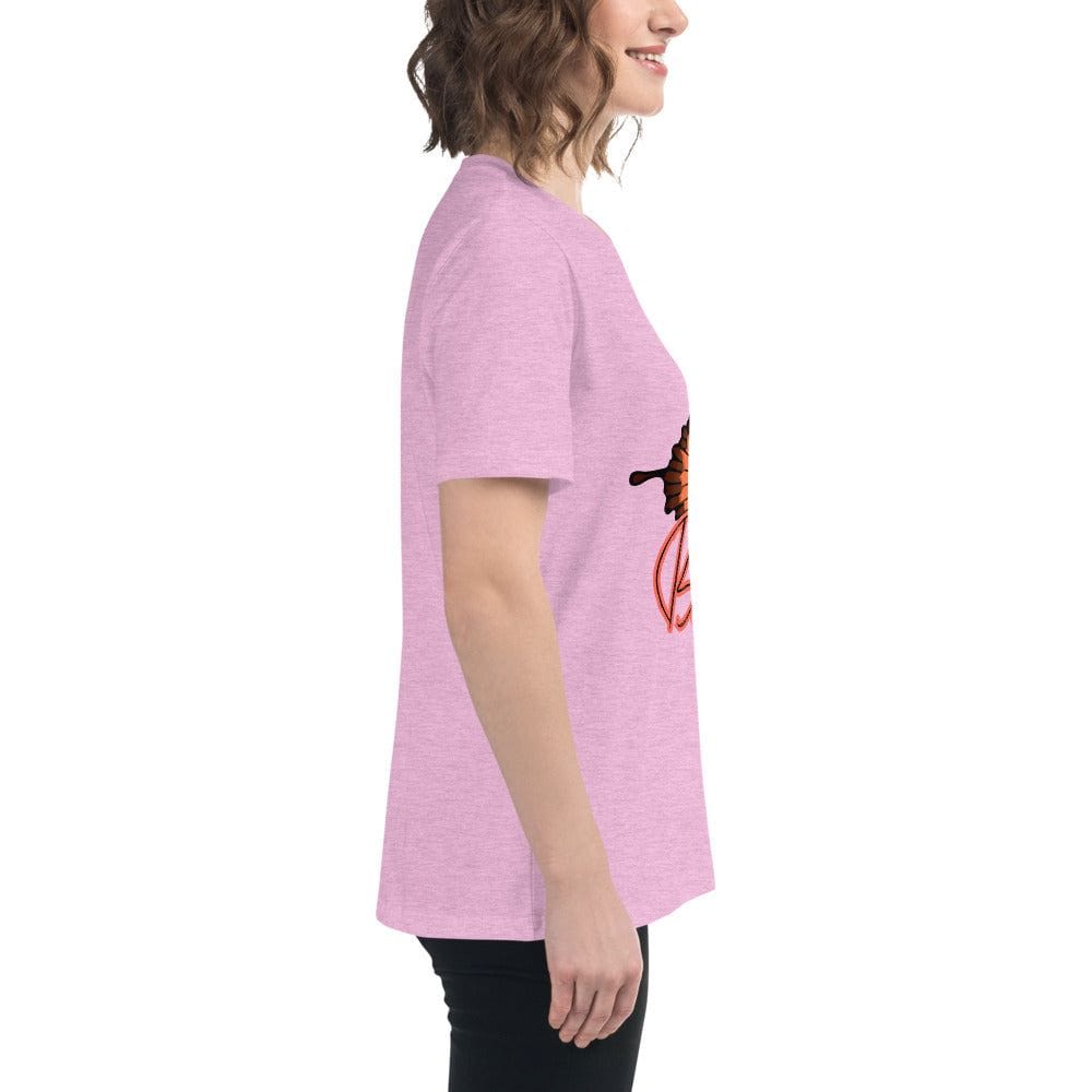 Side view of a woman wearing a pink Best Friend Butterfly T-Shirt with butterfly graphic and text design.