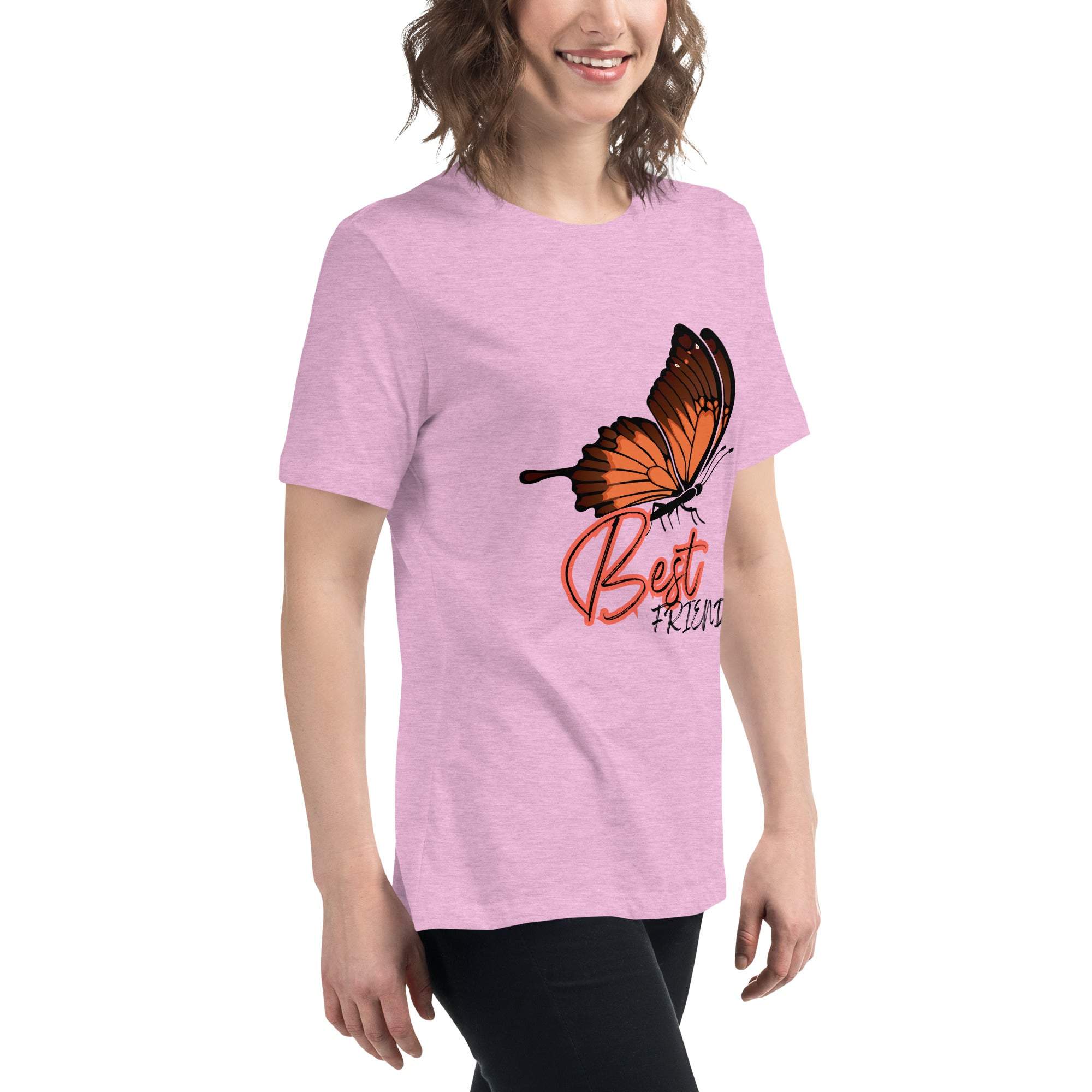 Woman wearing pink Best Friend Butterfly T-Shirt with orange butterfly graphic and text.