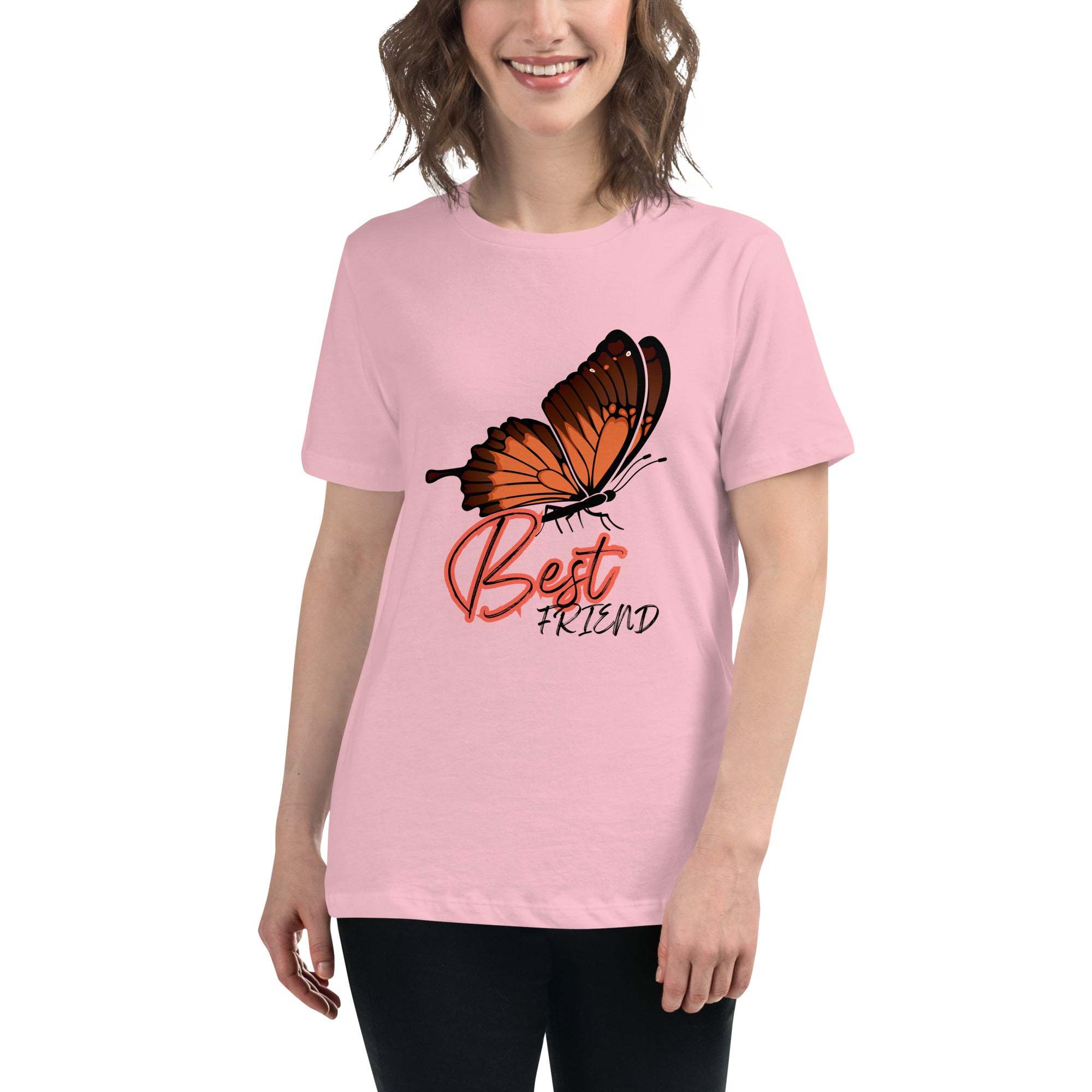 Woman wearing a pink Best Friend Butterfly T-Shirt with a large orange butterfly graphic and "Best Friend" text on the front