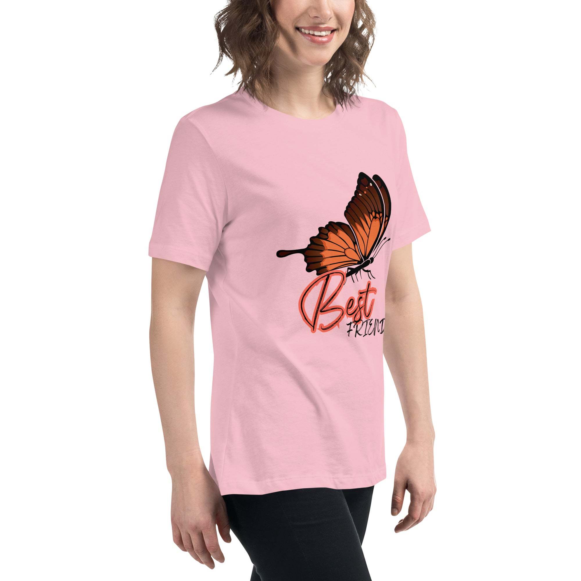 Woman wearing pink best friend butterfly t-shirt with orange butterfly graphic and text design
