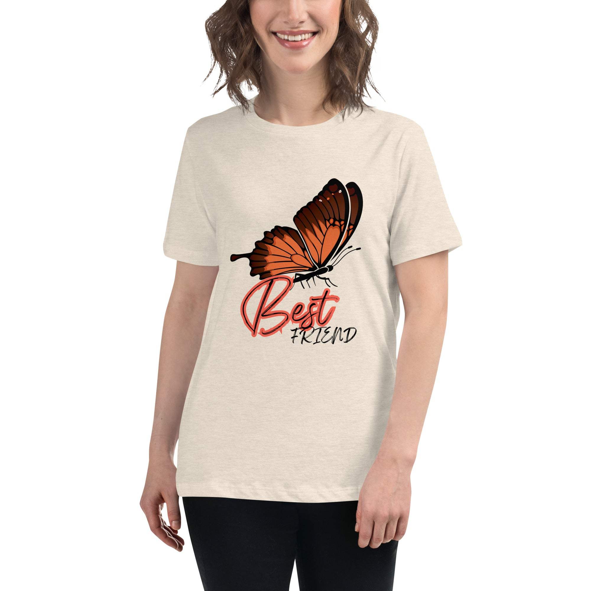 Woman wearing a beige Best Friend Butterfly T-Shirt with an orange butterfly graphic and "Best Friend" text printed on the front.