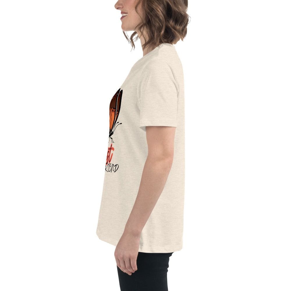 Side view of woman wearing beige Best Friend Butterfly T-Shirt with butterfly graphic and text, casual unisex fit, soft fabric