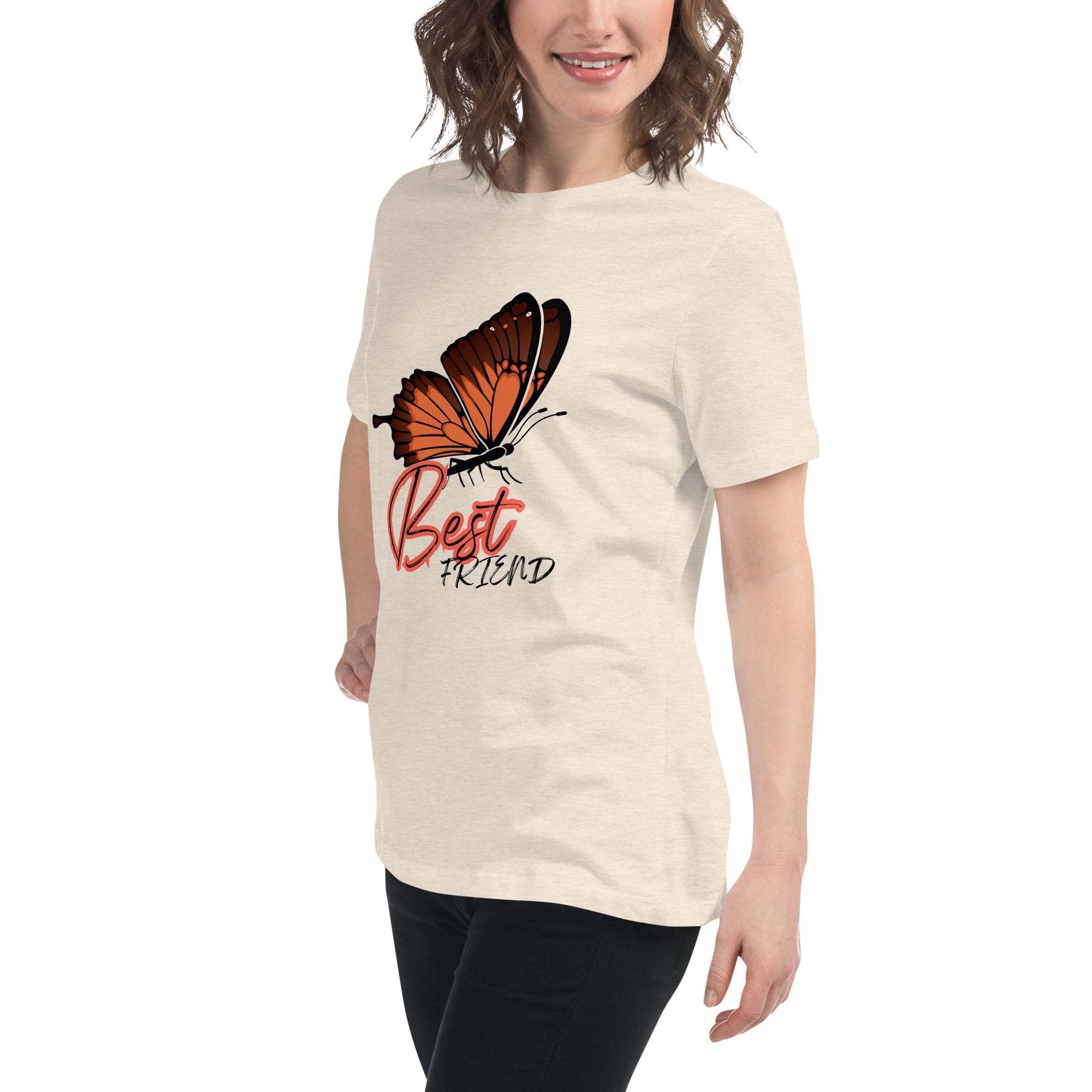 Woman wearing beige Best Friend Butterfly T-Shirt with orange butterfly graphic and text on front
